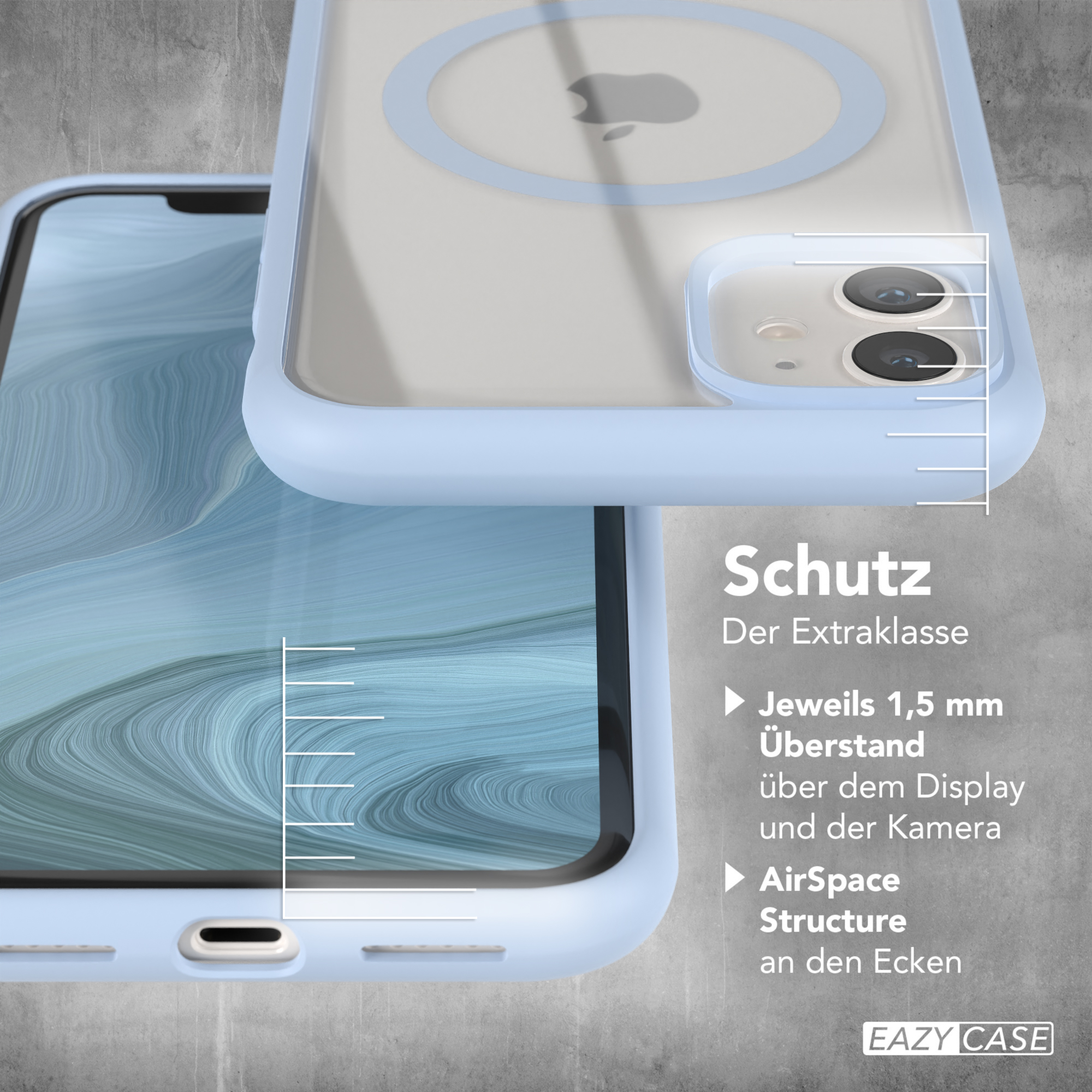 Nahaufnahme einer Handyhülle. Text besagt, dass die Hülle Extraschutz bietet, 1,5 mm über dem Bildschirm.