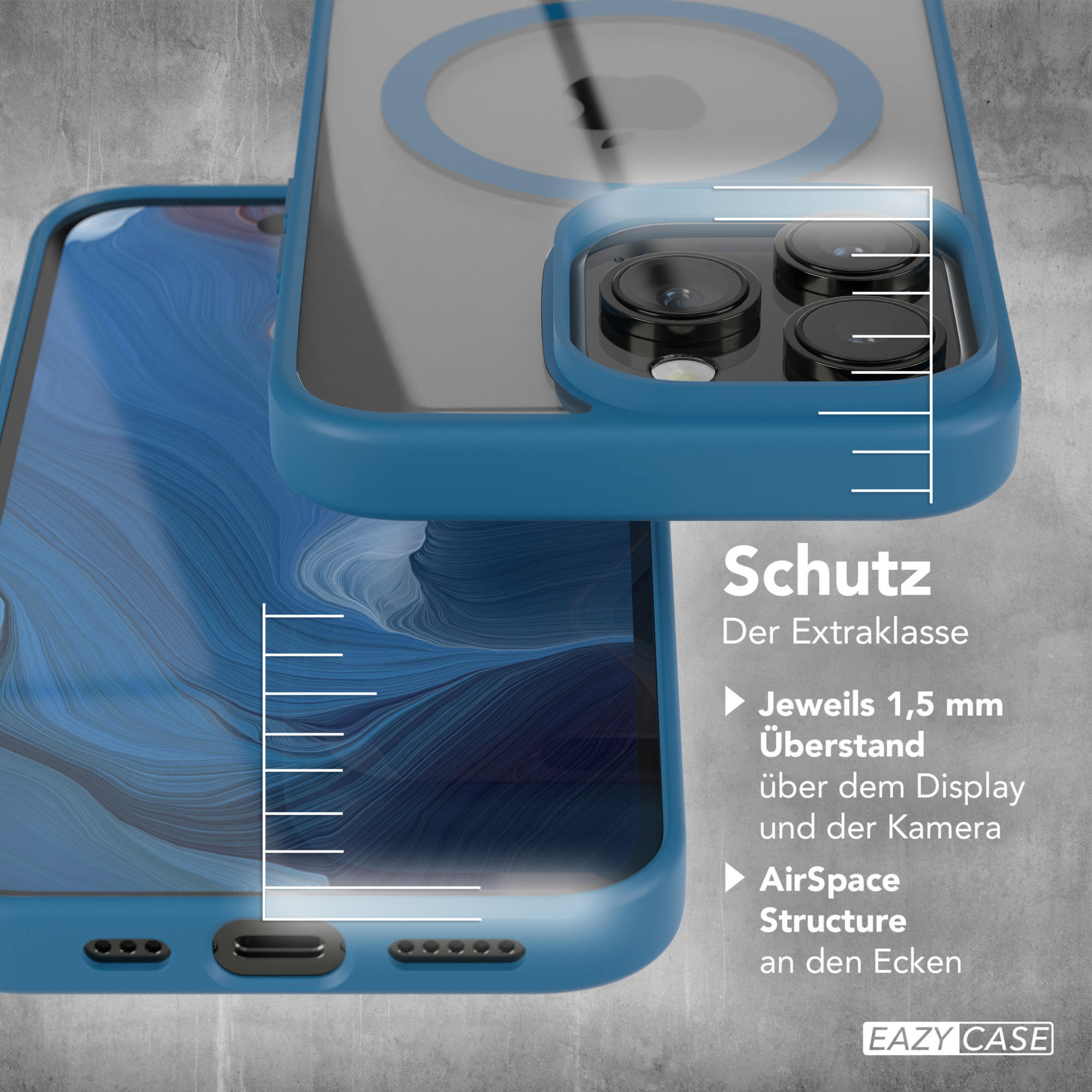Ein Telefon in einer blauen Hülle. Text auf Deutsch beschreibt Schutz und Funktionen.