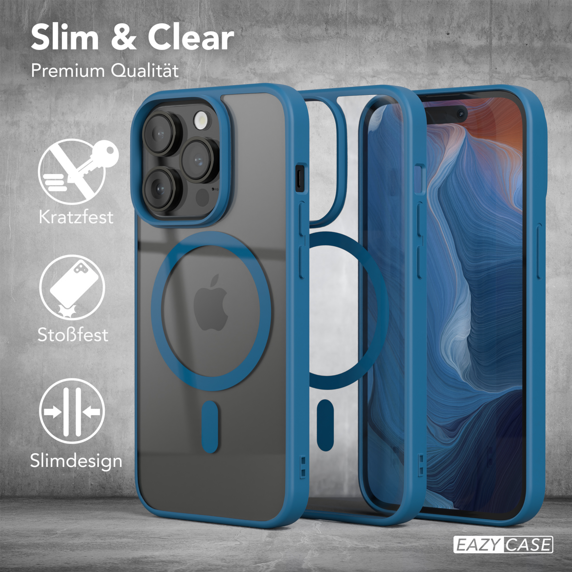 Drei Handyhüllen, eine blaue, eine transparente und eine mit Telefon, die Merkmale zeigen.