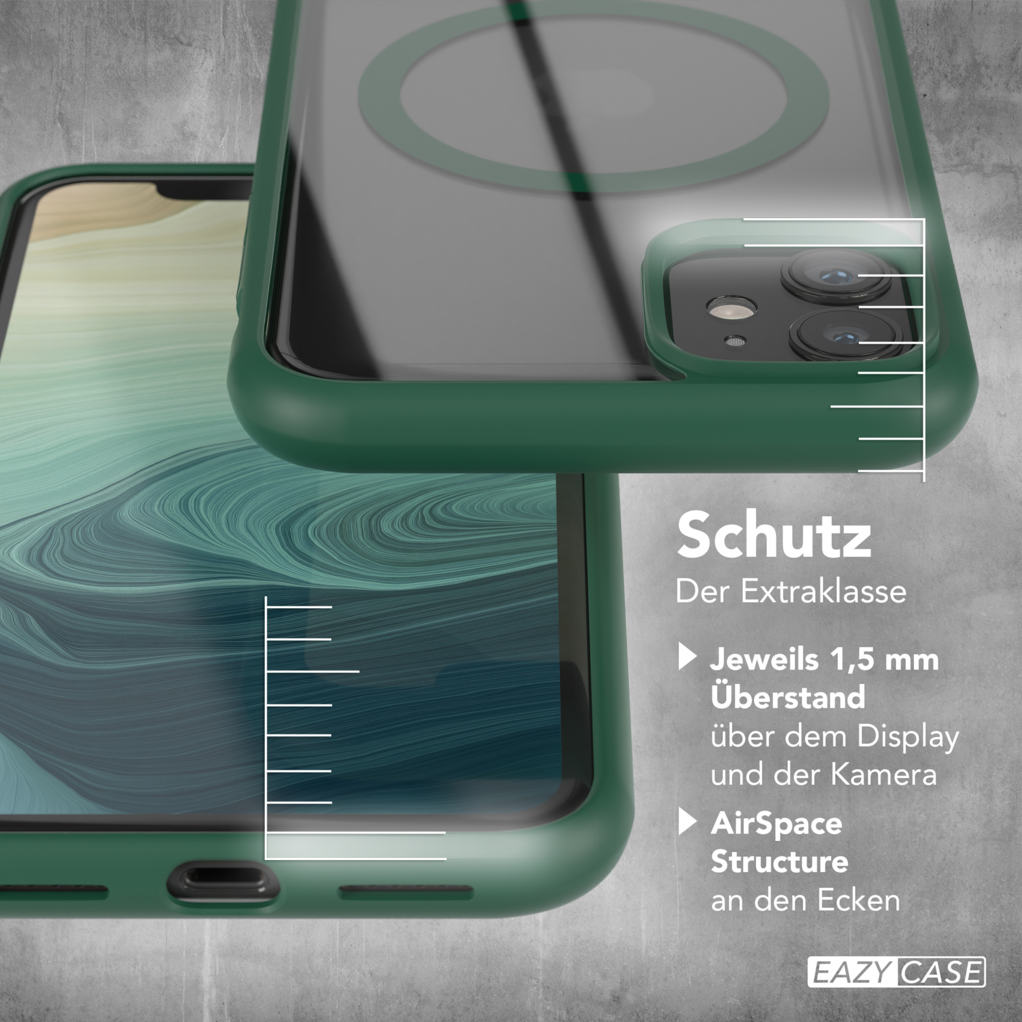 Eine grüne Handyhülle mit transparentem Rücken, ein Telefon ist darin. Zeigt Bildschirmschutz und Luftraum.