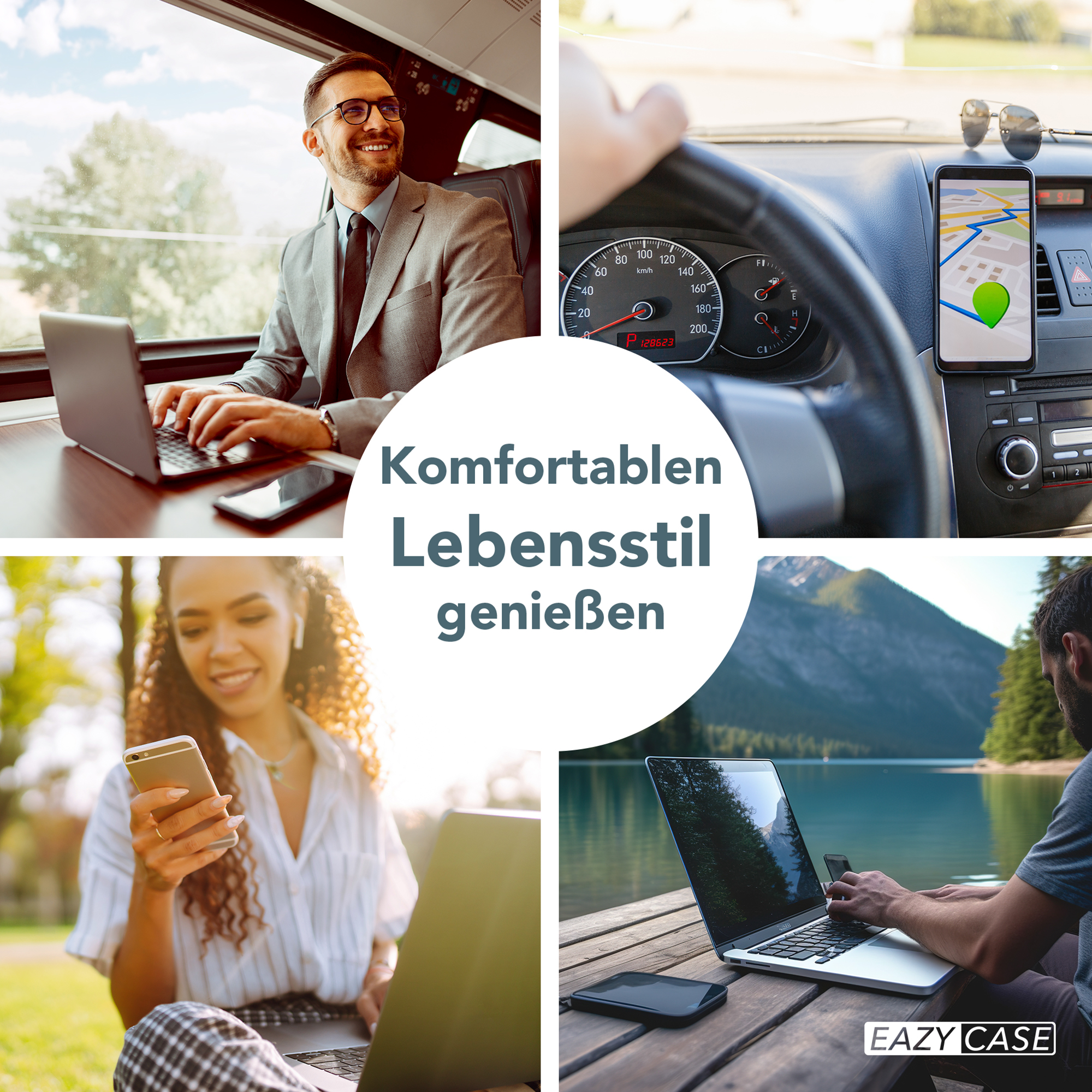 Vier Bilder zeigen Menschen mit Laptops und Handys in verschiedenen Umgebungen.