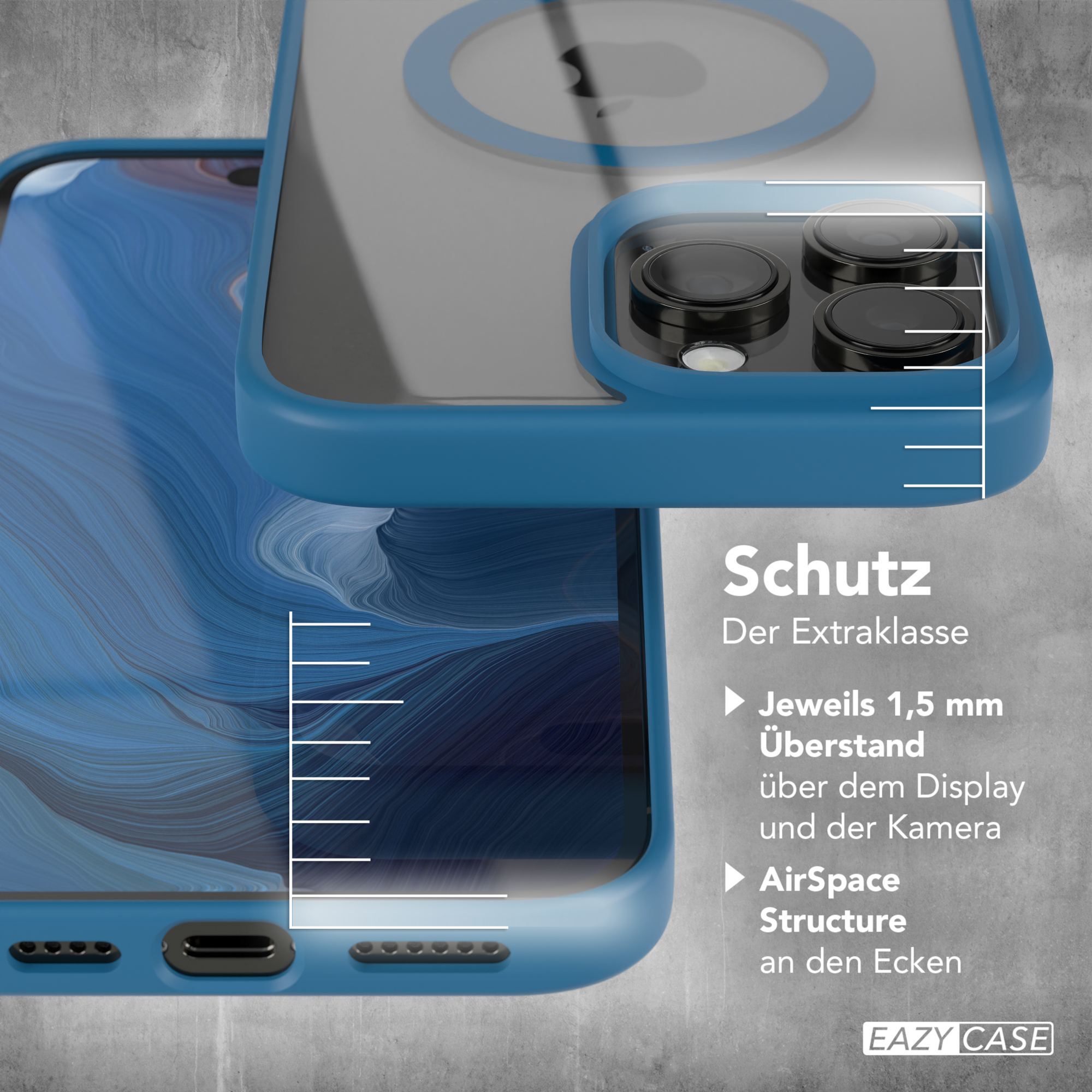 Blaue Handyhülle auf grauer Oberfläche, mit klarer Abdeckung und Telefon darin.