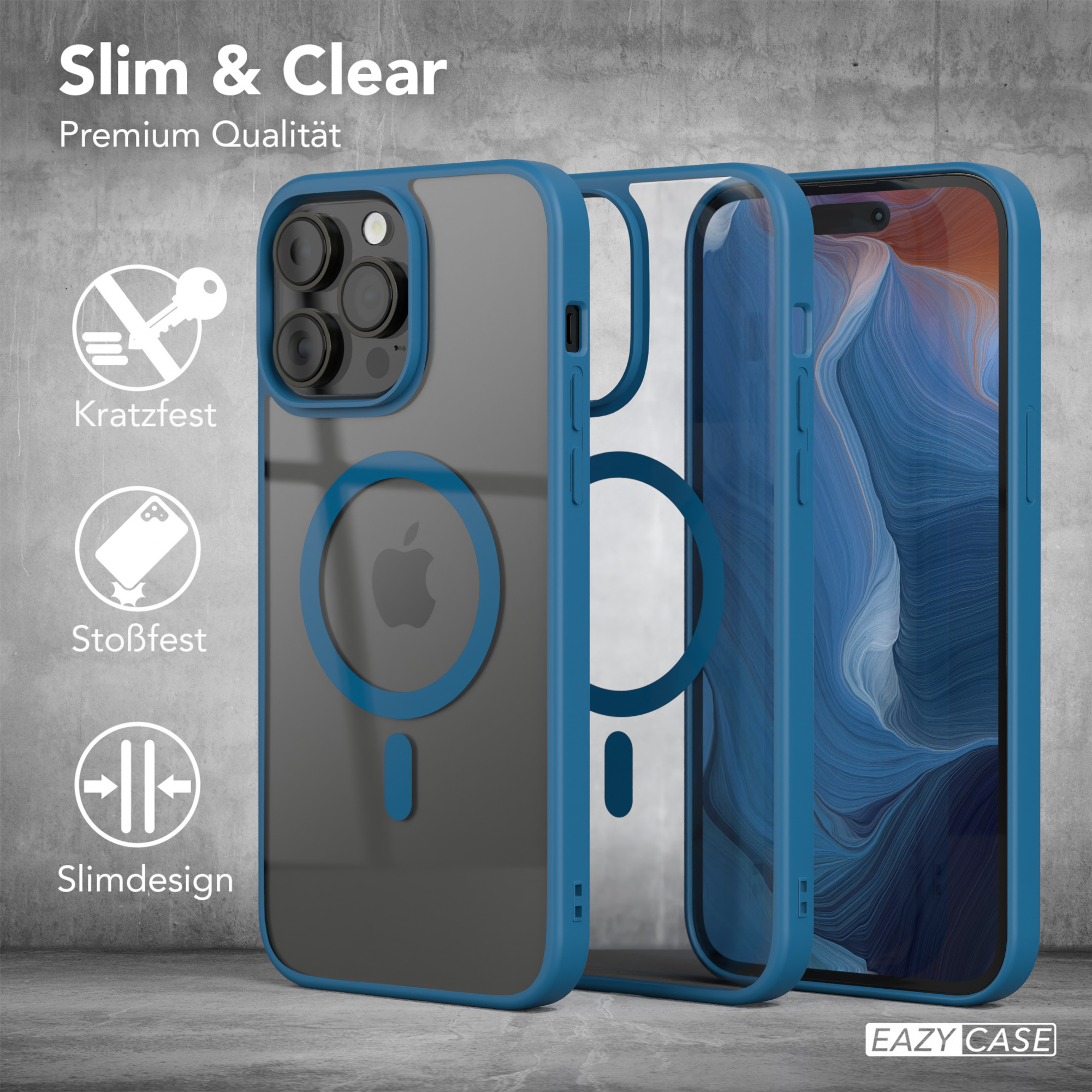 Blaue Handyhülle mit transparentem Rücken, blauem Rahmen und Telefon. Text beinhaltet 'Slim & Clear'.