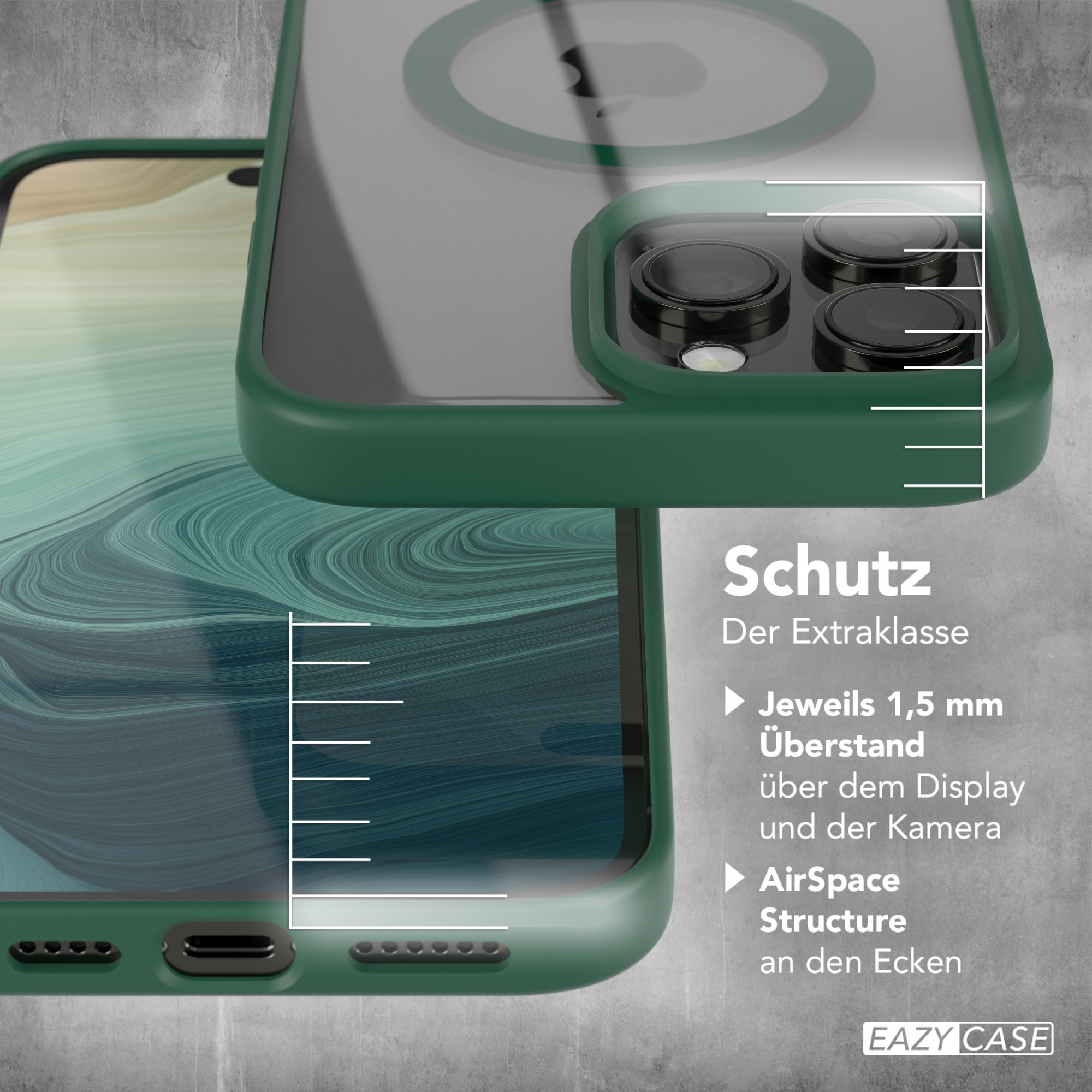 Grüne Handyhülle auf einem Handy, Nahaufnahme. Grünes und klares Design.