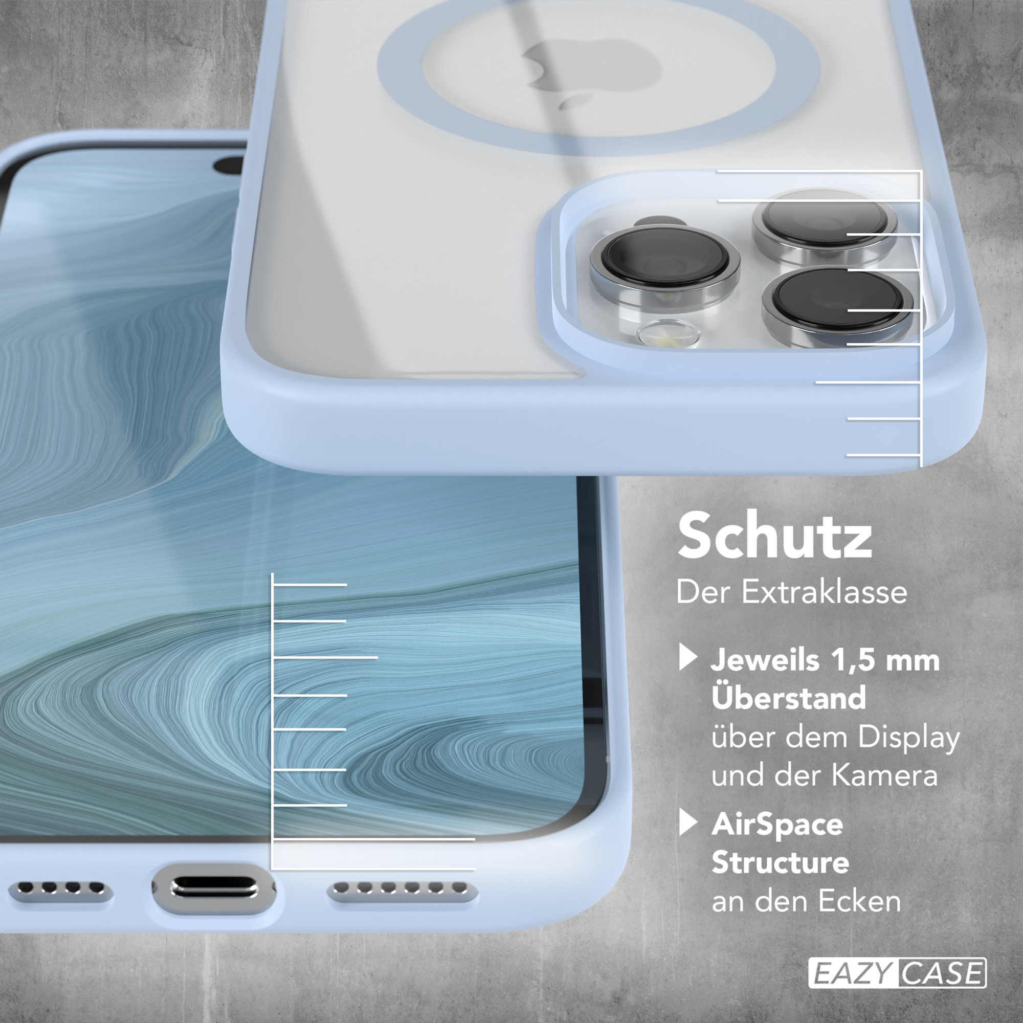 Nahaufnahme einer blauen Handyhülle, die den Rand und den Bildschirm eines Telefons zeigt. Text zeigt Schutz.