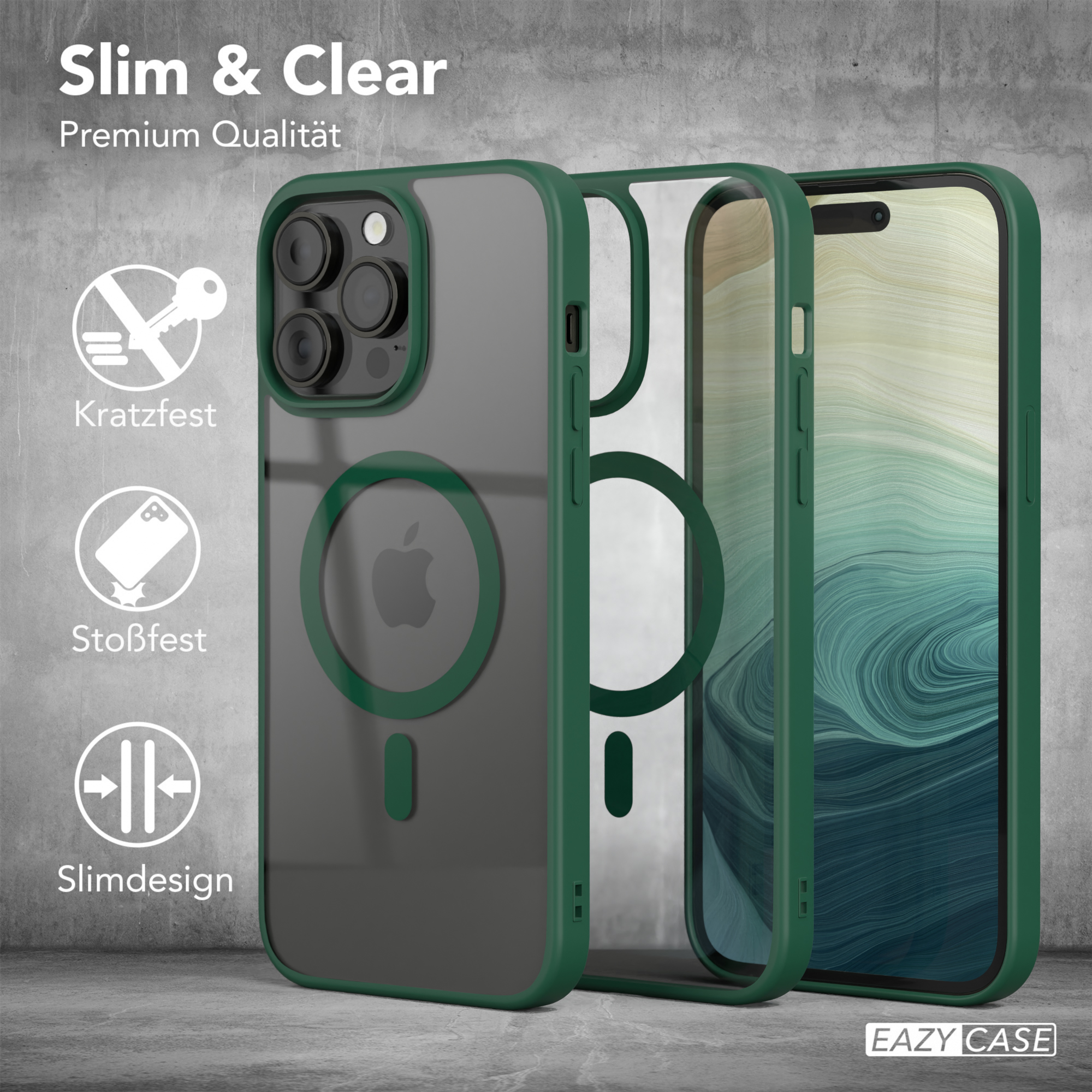 Transparente Handyhülle mit grünen Akzenten, mit Symbolen und Telefon. Slim & Clear, Premium Qualität.
