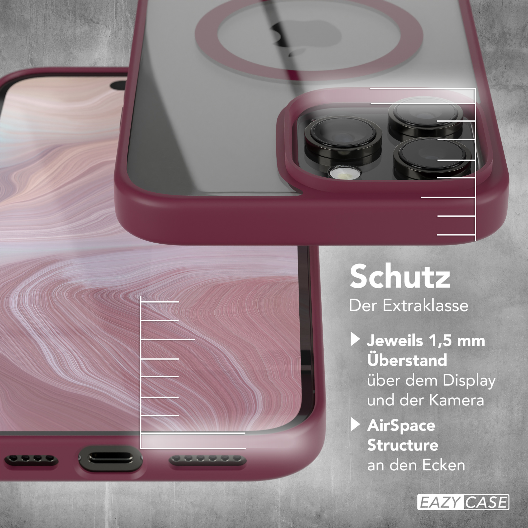 Eine rote Handyhülle mit durchsichtigem Rücken und transparentem Ring. Text auf Deutsch.