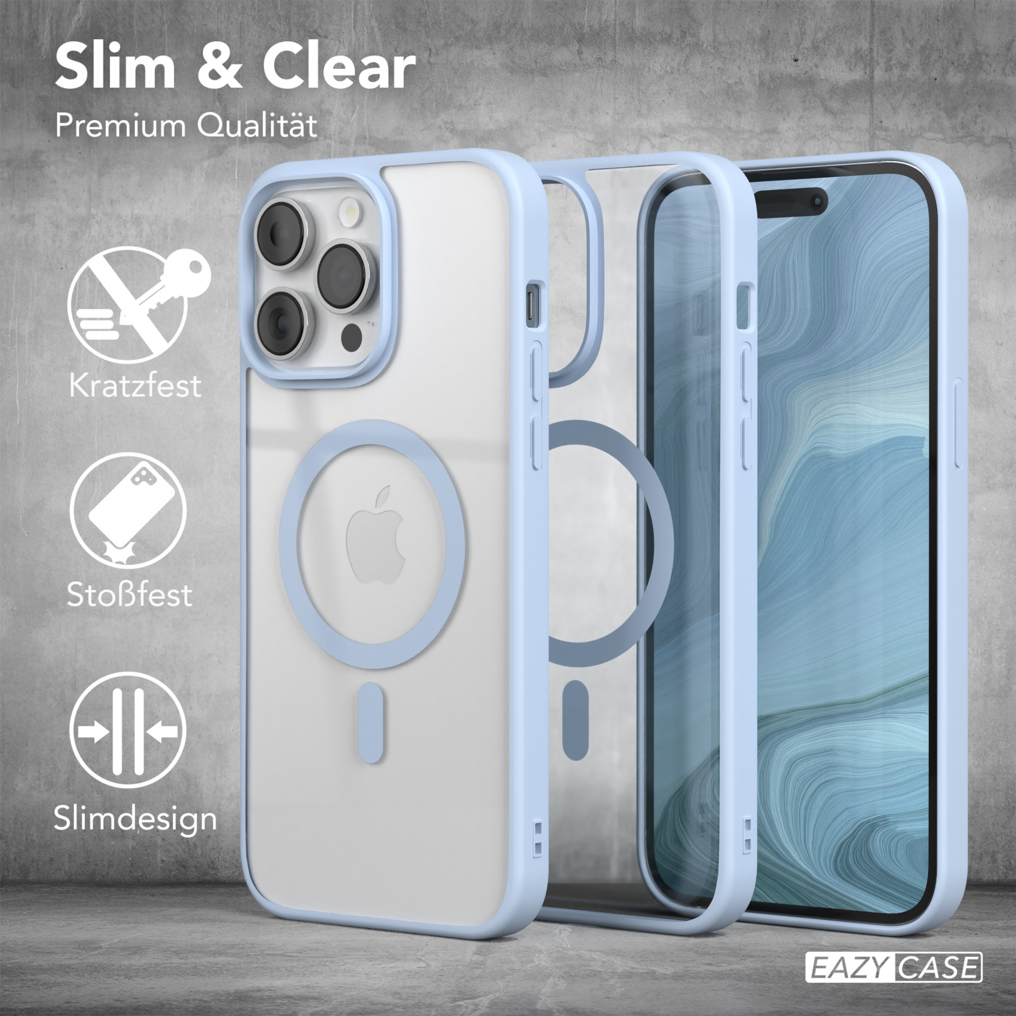 EAZY CASE Clear mit Hellblau Apple, iPhone Pro Max, Cover 14 MagSafe, Bumper