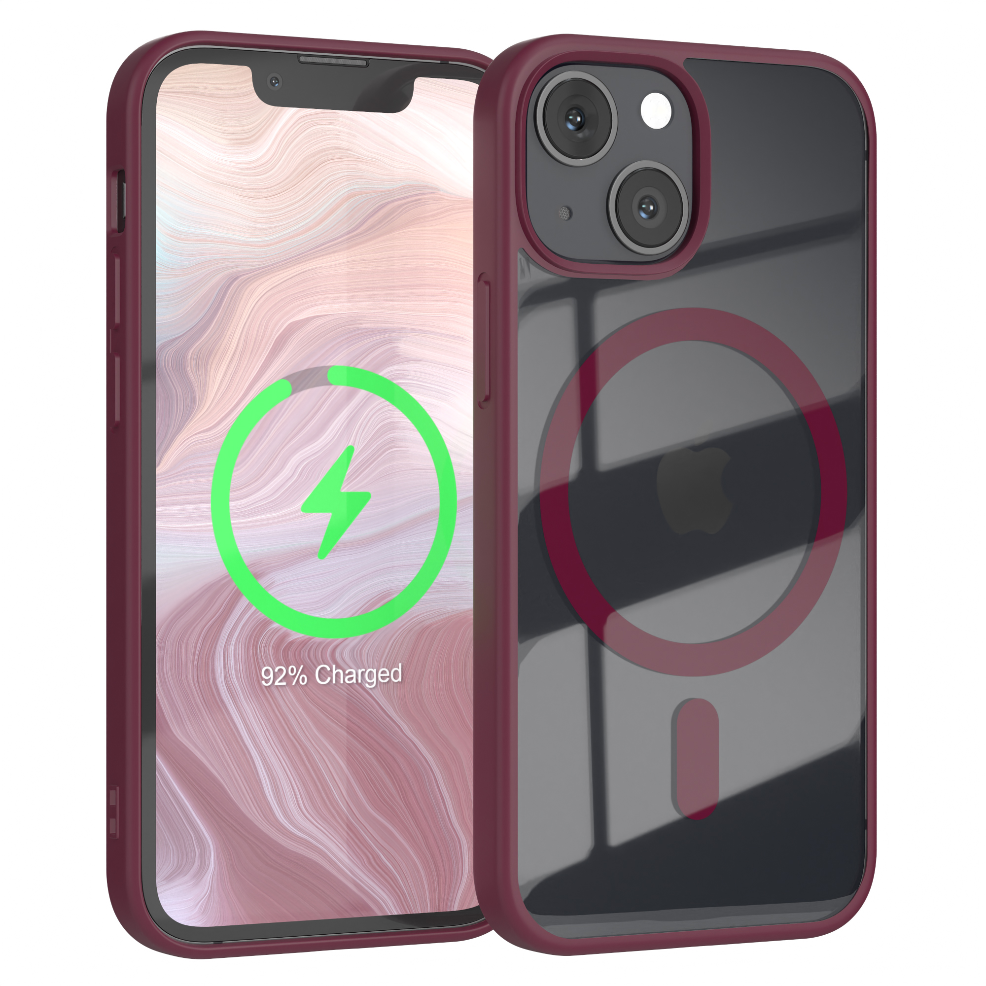 Telefon in einer Hülle mit Ladebildschirm. Die Hülle ist dunkelrot, mit einem Apple-Logo.