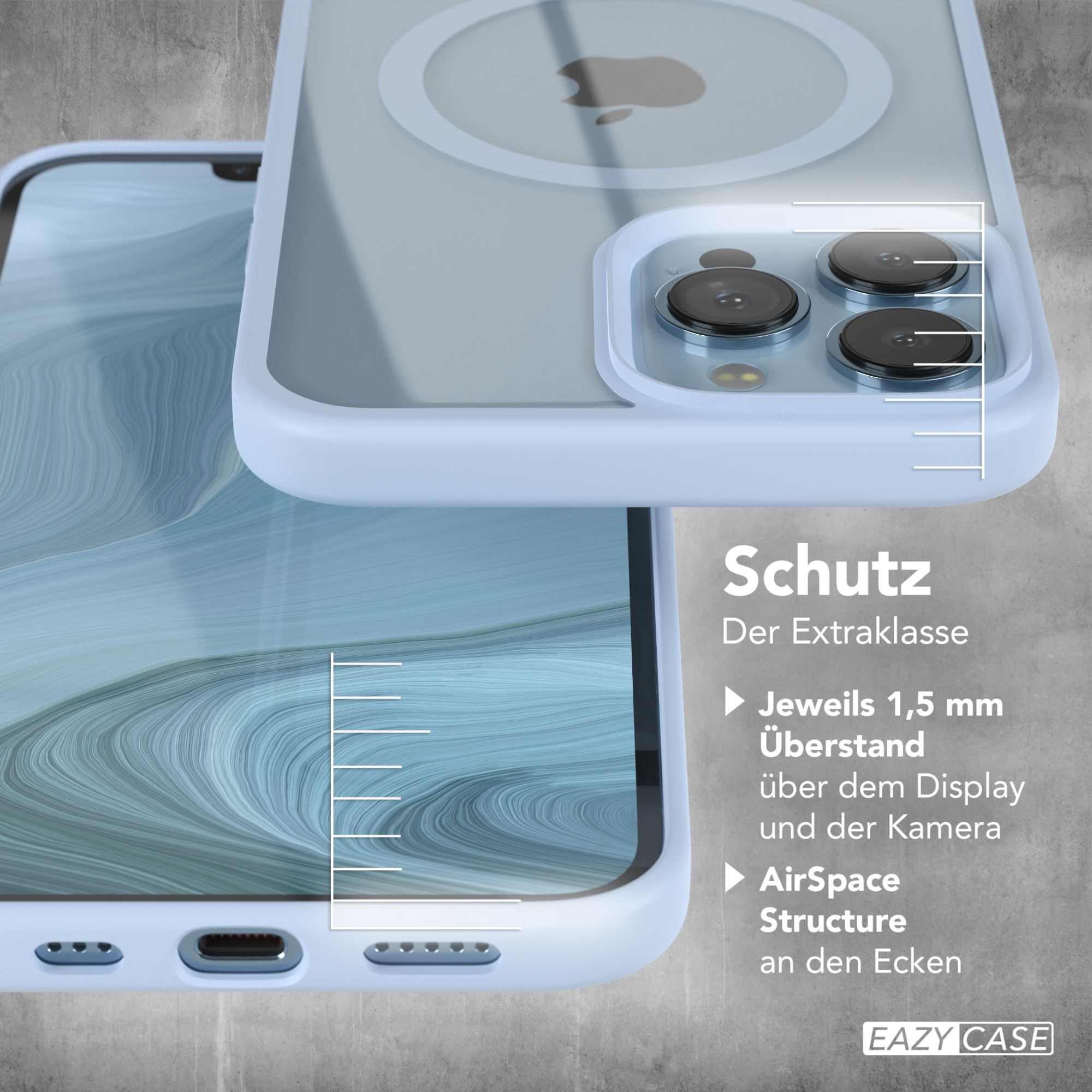 Nahaufnahme einer Handyhülle. Hellblauer Rahmen mit durchsichtigem Rücken. Schutzfunktionen sind aufgeführt.