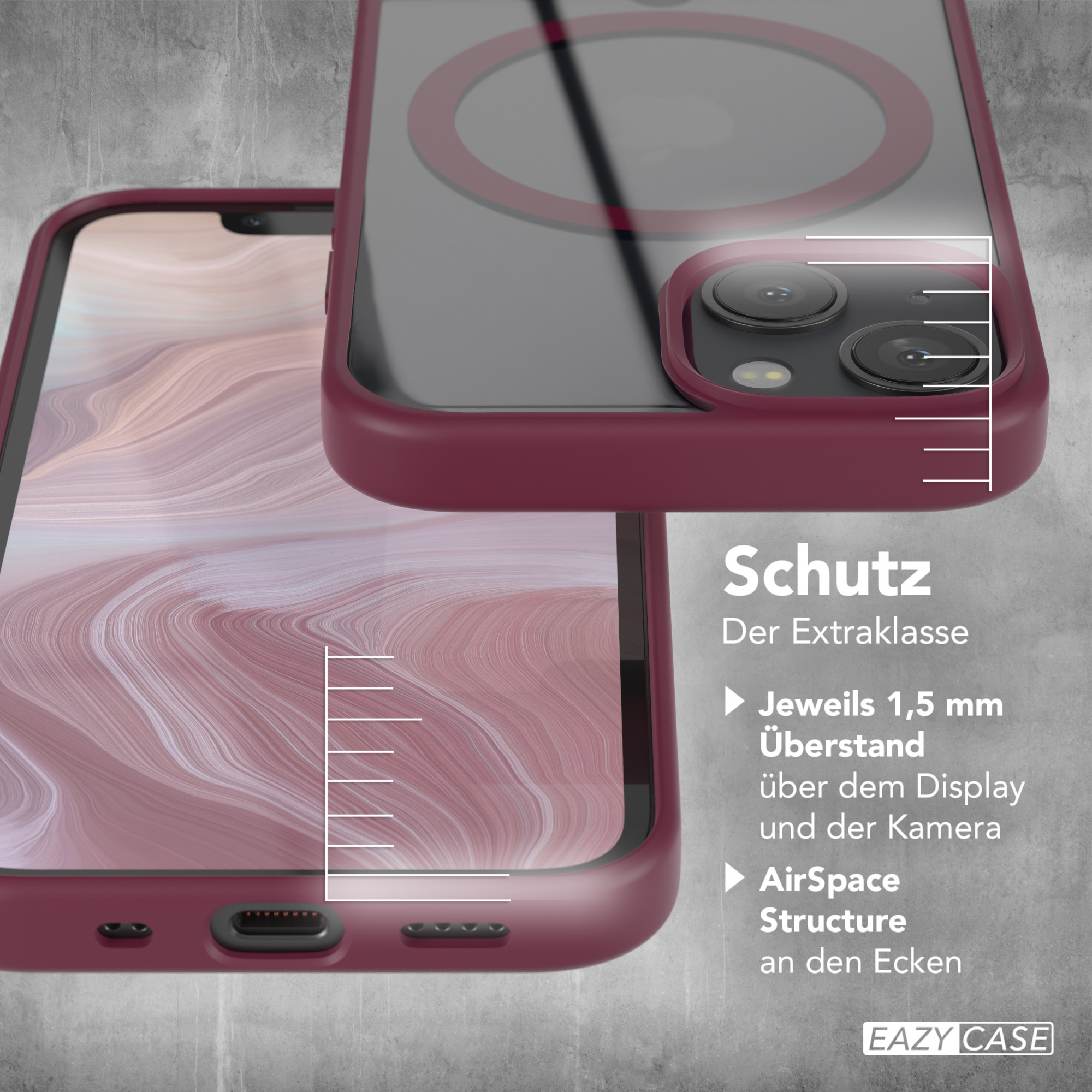 Nahaufnahme einer Handyhülle. Sie ist rot mit durchsichtigem Rücken, zeigt ein Telefon darin.