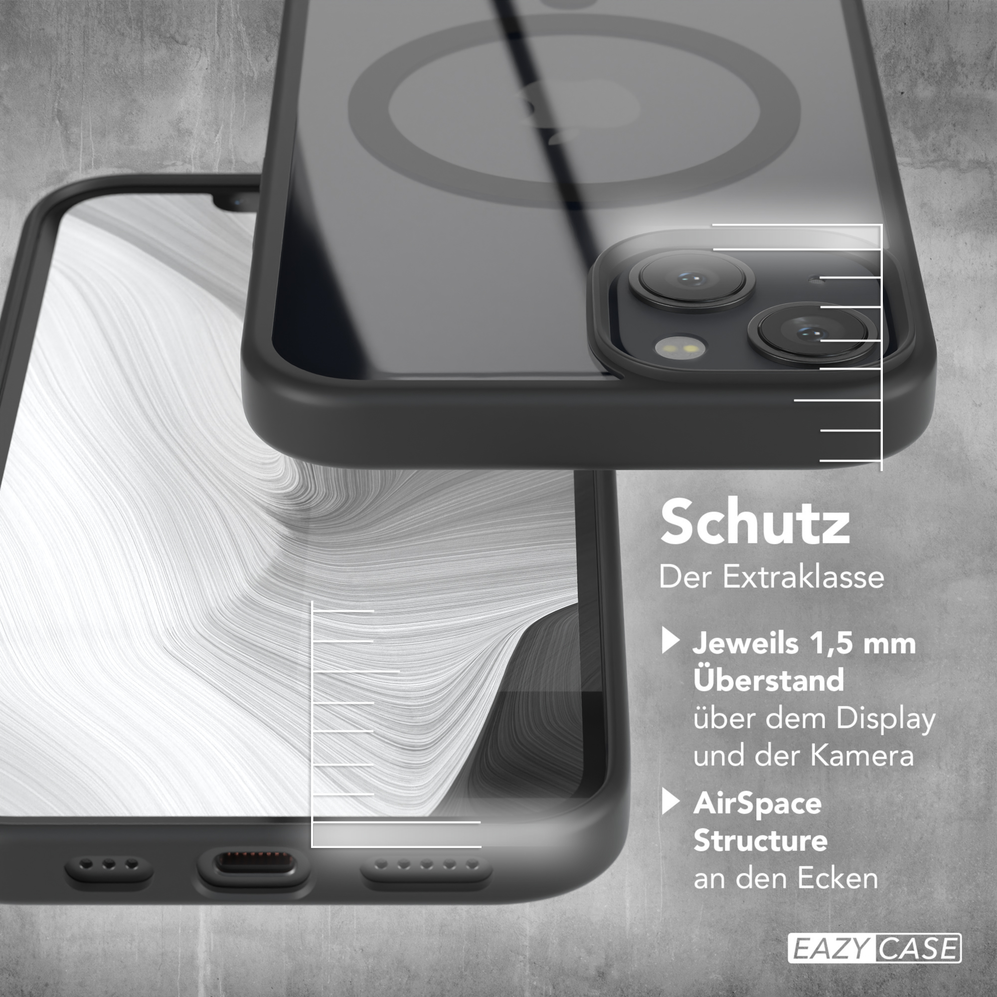 Schwarze Handyhülle auf schwarzem Handy, mit Text: Schutz und Funktionen. Nahaufnahme.