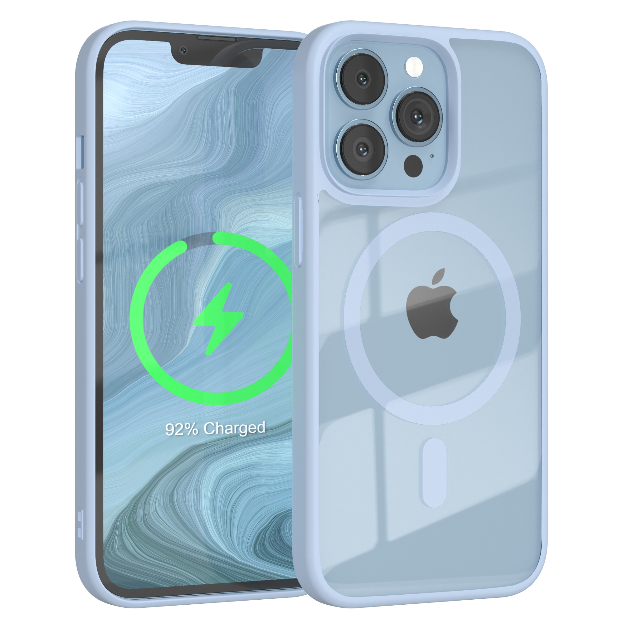Blaues iPhone mit transparentem Gehäuse. Das Telefon zeigt eine Ladeanimation.