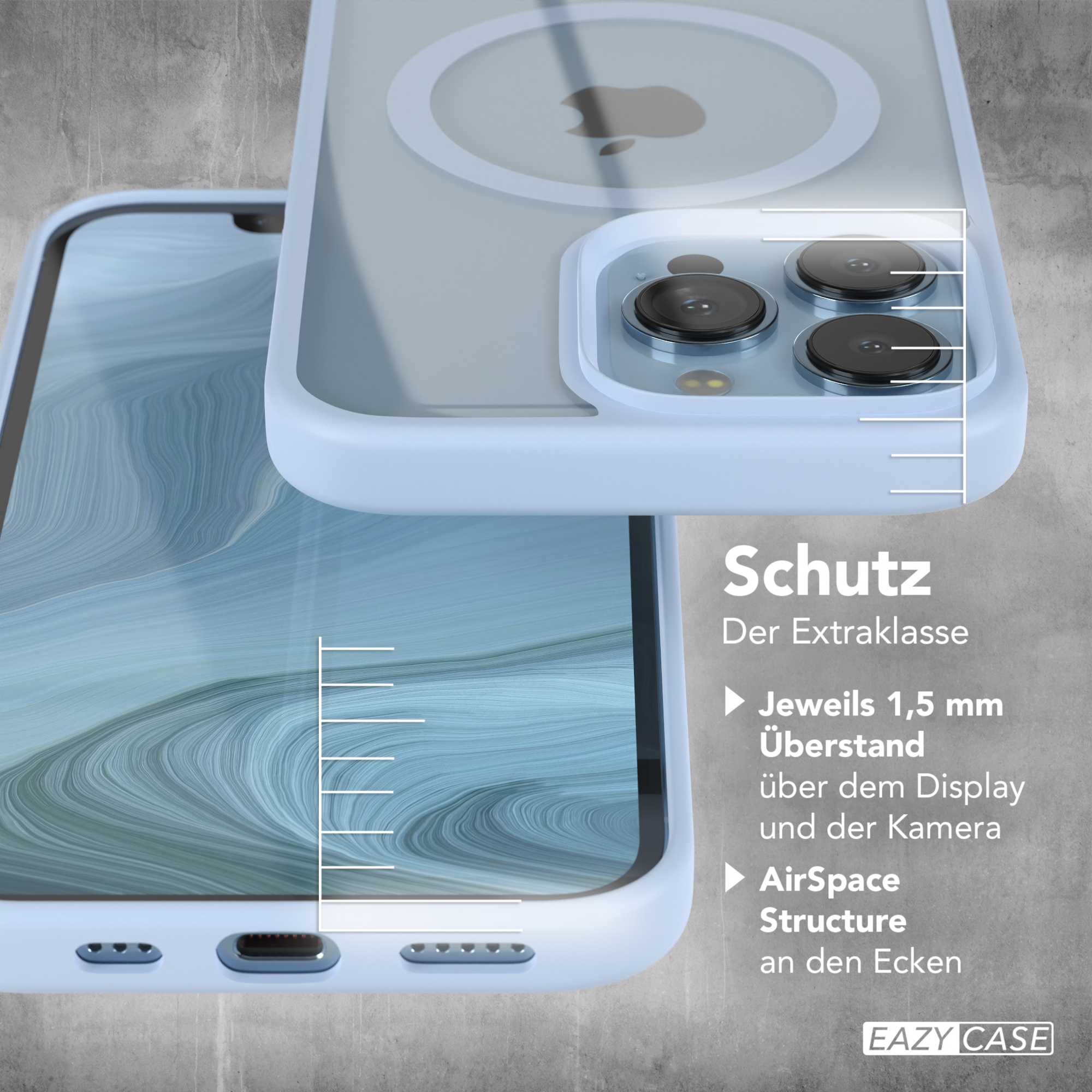 Nahaufnahme einer Handyhülle auf einem Telefon, mit Text über Schutz.