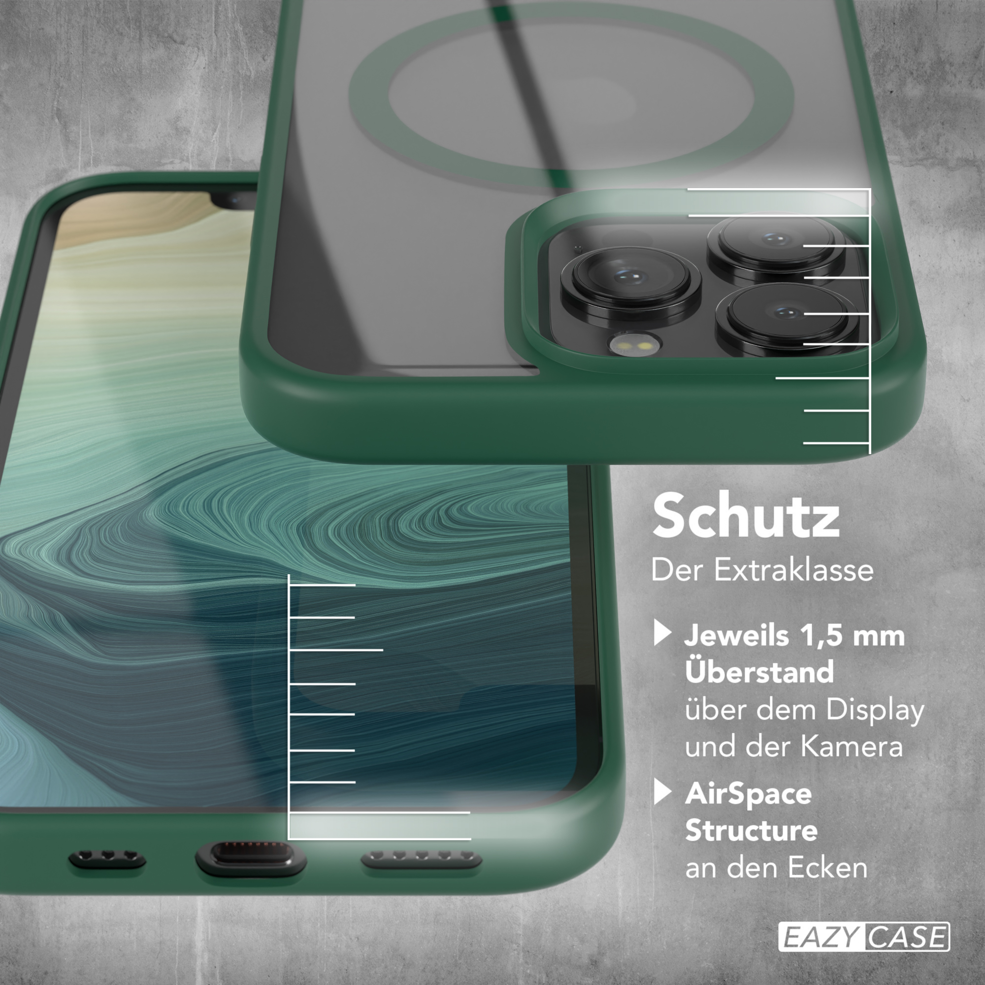 Handyhülle, grün mit klarer Rückseite. Text: Schutz. Merkmale: Extraklasse, 1,5 mm über Kamera.