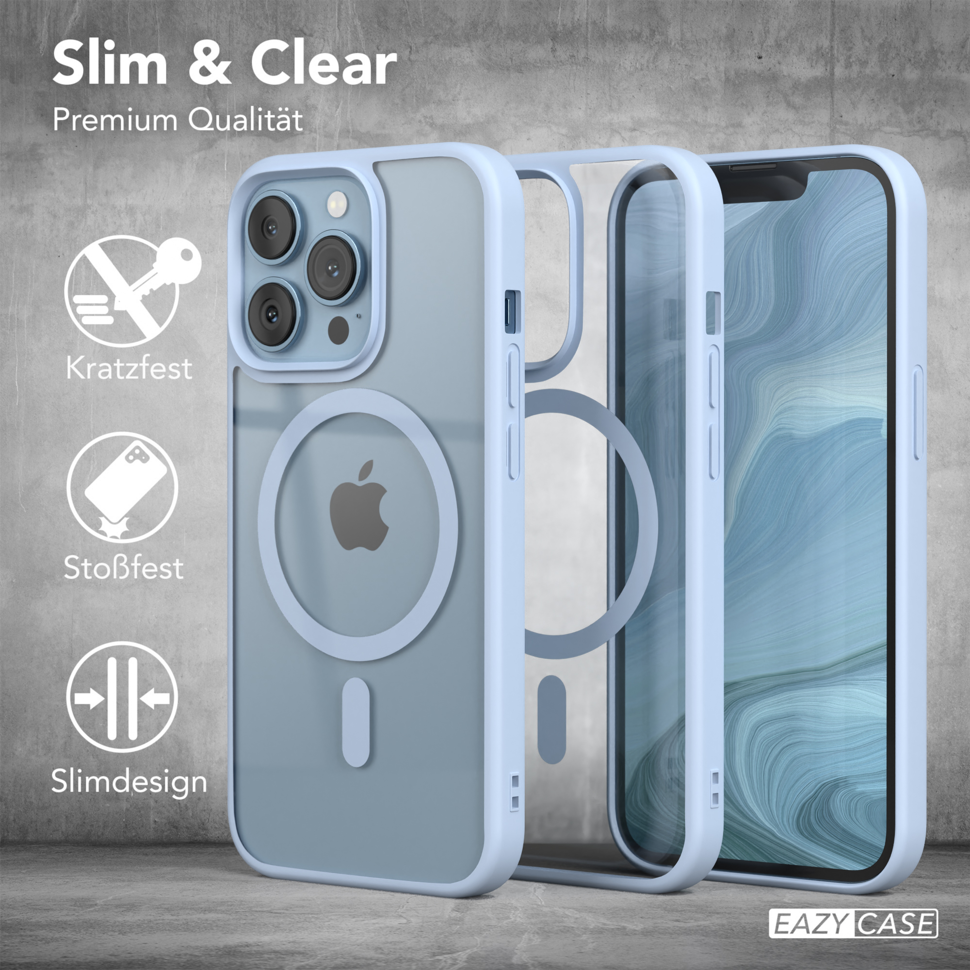 Klar iPhone Hülle mit blauem Rand. Drei Hüllen werden mit dem Telefon angezeigt.