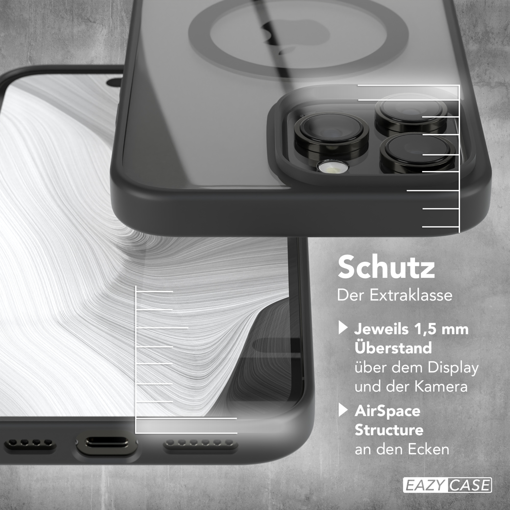 Detail der Handyhülle mit Schutzfunktionen und transparenter Hülle mit Telefon darin.
