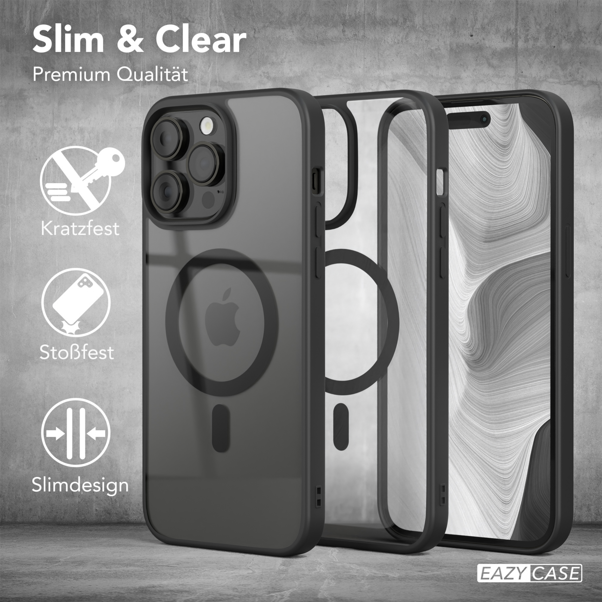 Schwarze Handyhülle mit transparentem Rücken, zeigt die Hülle und ein Telefon.