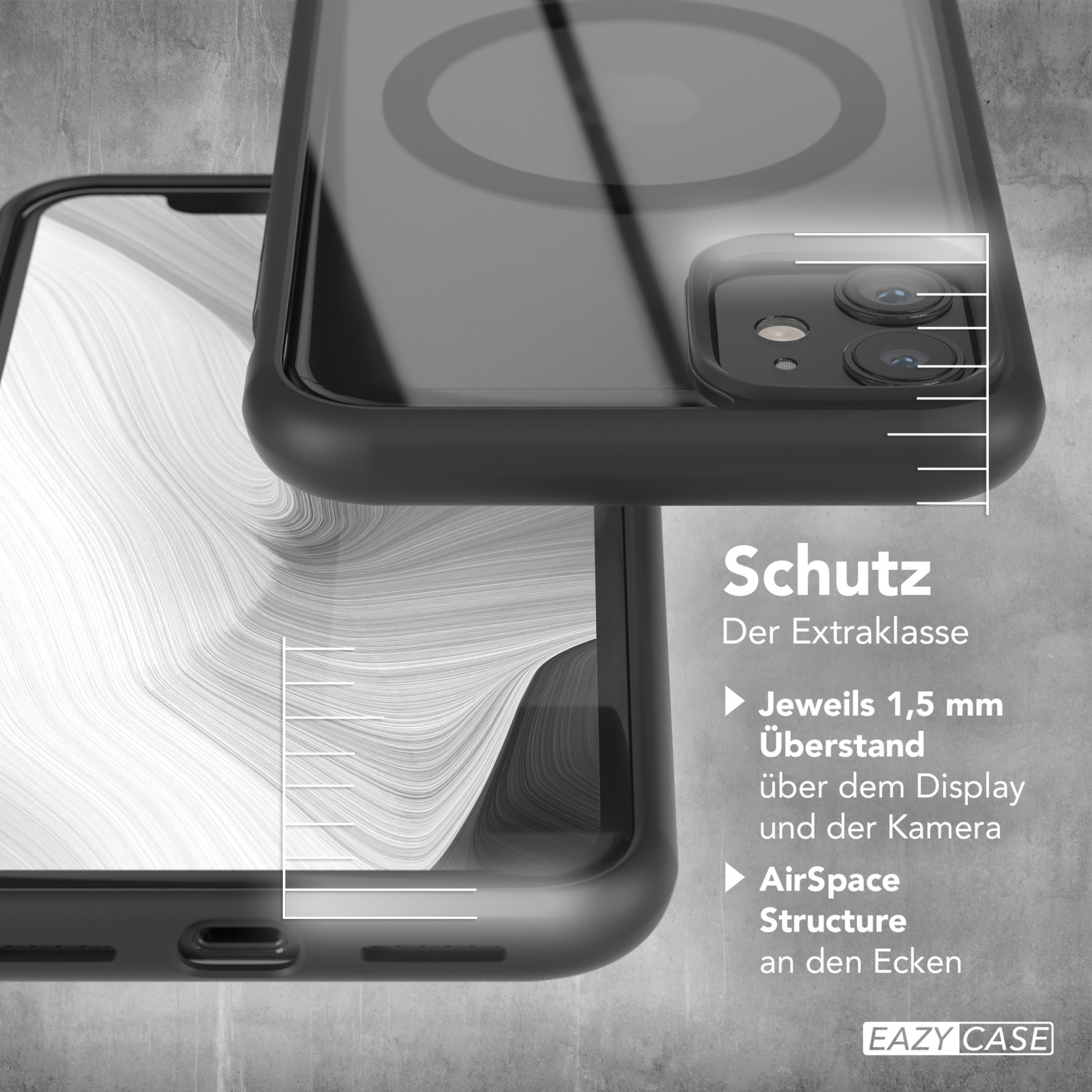 Nahaufnahme einer Handyhülle. Schutzeigenschaften werden auf Deutsch beschrieben. Schwarz und transparent. Weißer HG.