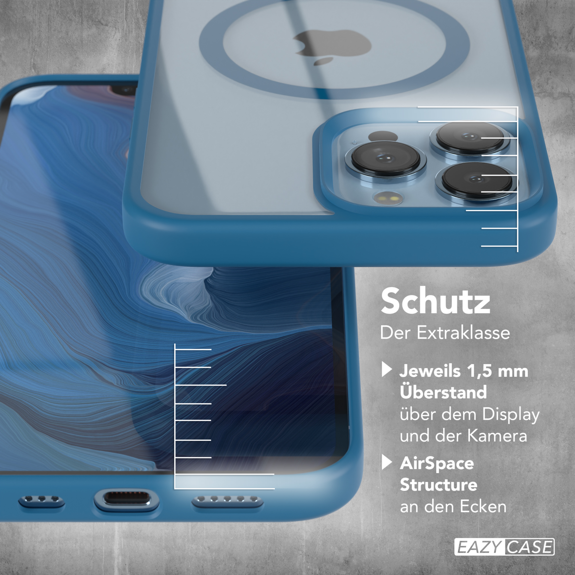 Blaue Handyhülle auf einem Telefon. Text sagt 'Schutz', mit Aufzählungspunkten zur zusätzlichen Schutz.