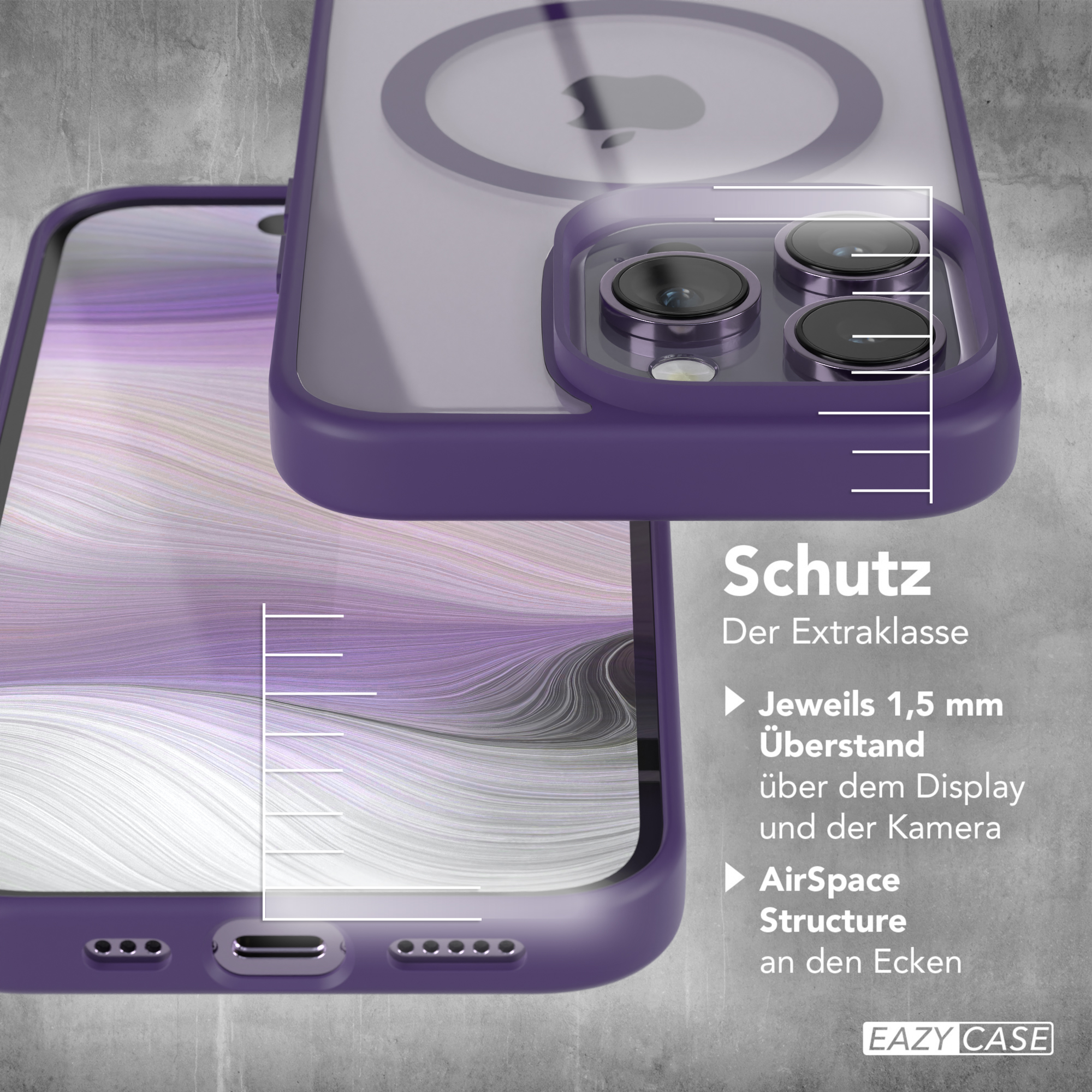 Handyhülle mit Telefon, Text über zusätzlichen Schutz, lila Details.