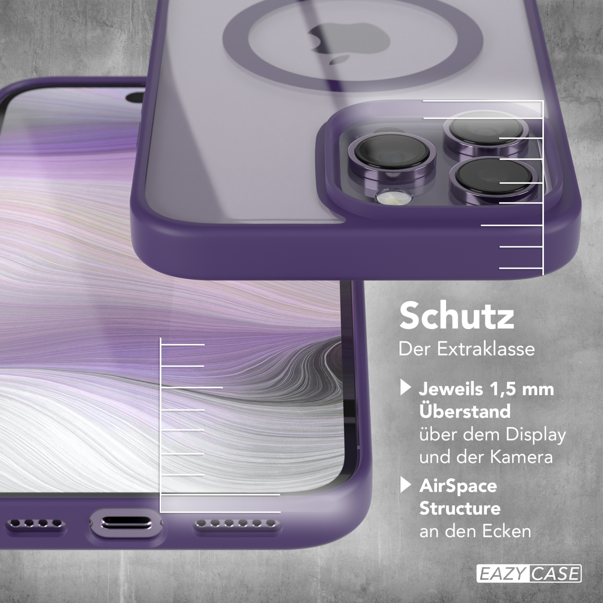 Telefonhülle mit Schutzfunktionen. Lila Hülle mit durchsichtigem Rücken. Apple-Logo sichtbar.
