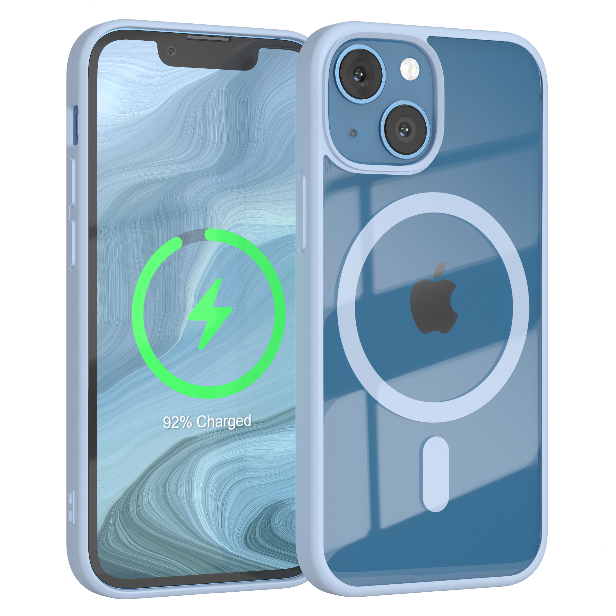 Zwei Telefone, eines lädt, mit hellblauer Hülle. Weißer Hintergrund. 92% geladen.