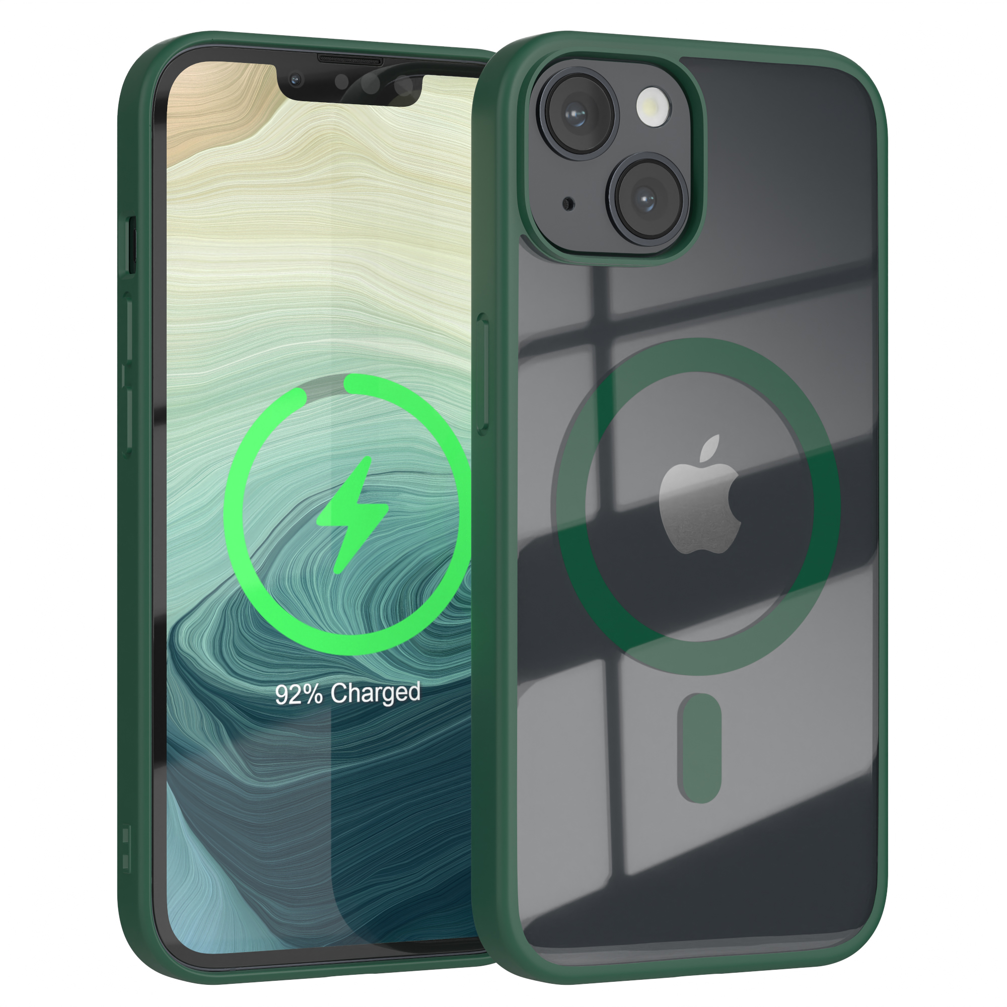 Grüne iPhone-Hülle mit Telefon darin. Das Telefon zeigt ein Ladesymbol und 92% geladen auf dem Bildschirm.