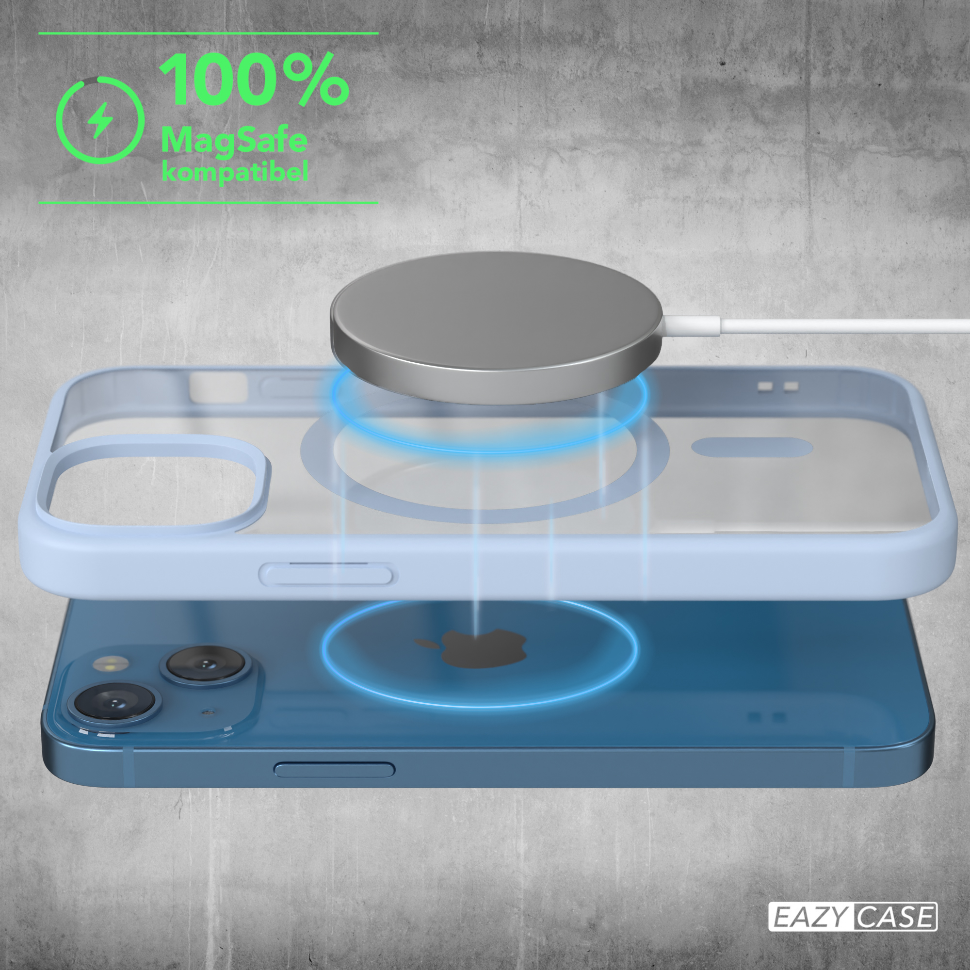 Ein iPhone wird kabellos geladen. Ein blauer Ring leuchtet auf dem Telefon und dem Ladegerät auf.