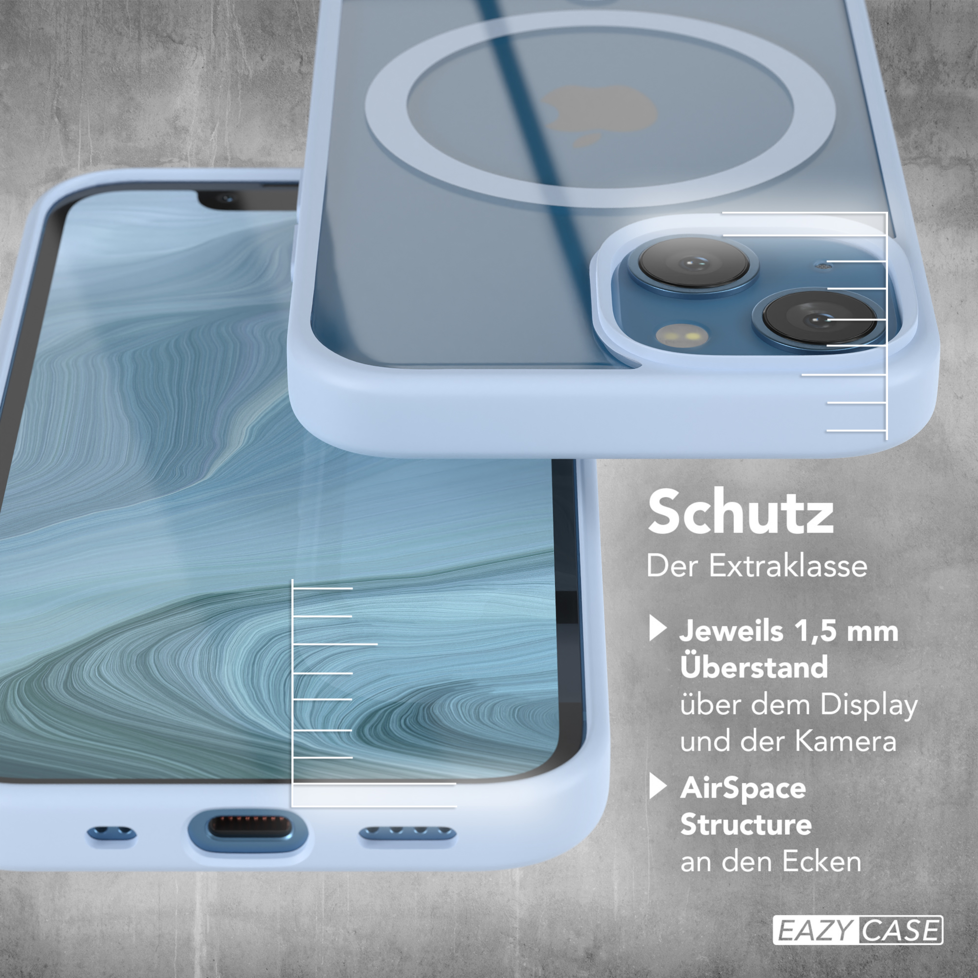 Hellblaue Handyhülle mit MagSafe-Kreis auf der Rückseite. Text zeigt Funktionen und Abmessungen.