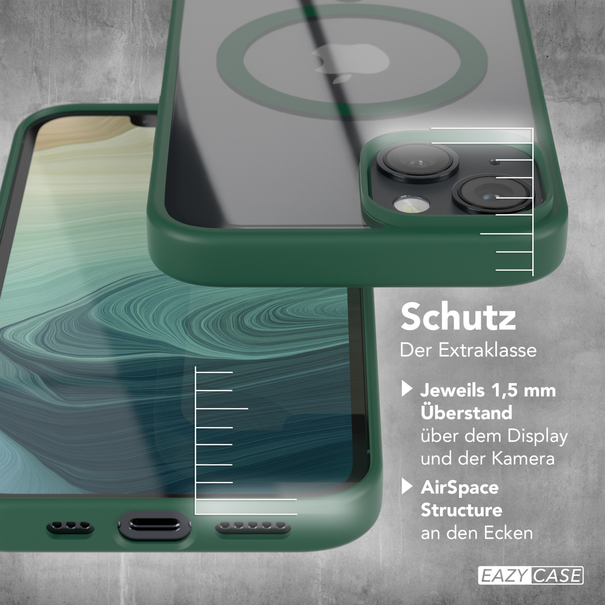 Nahaufnahme einer grünen Handyhülle auf einem Telefon mit Text über Schutz.