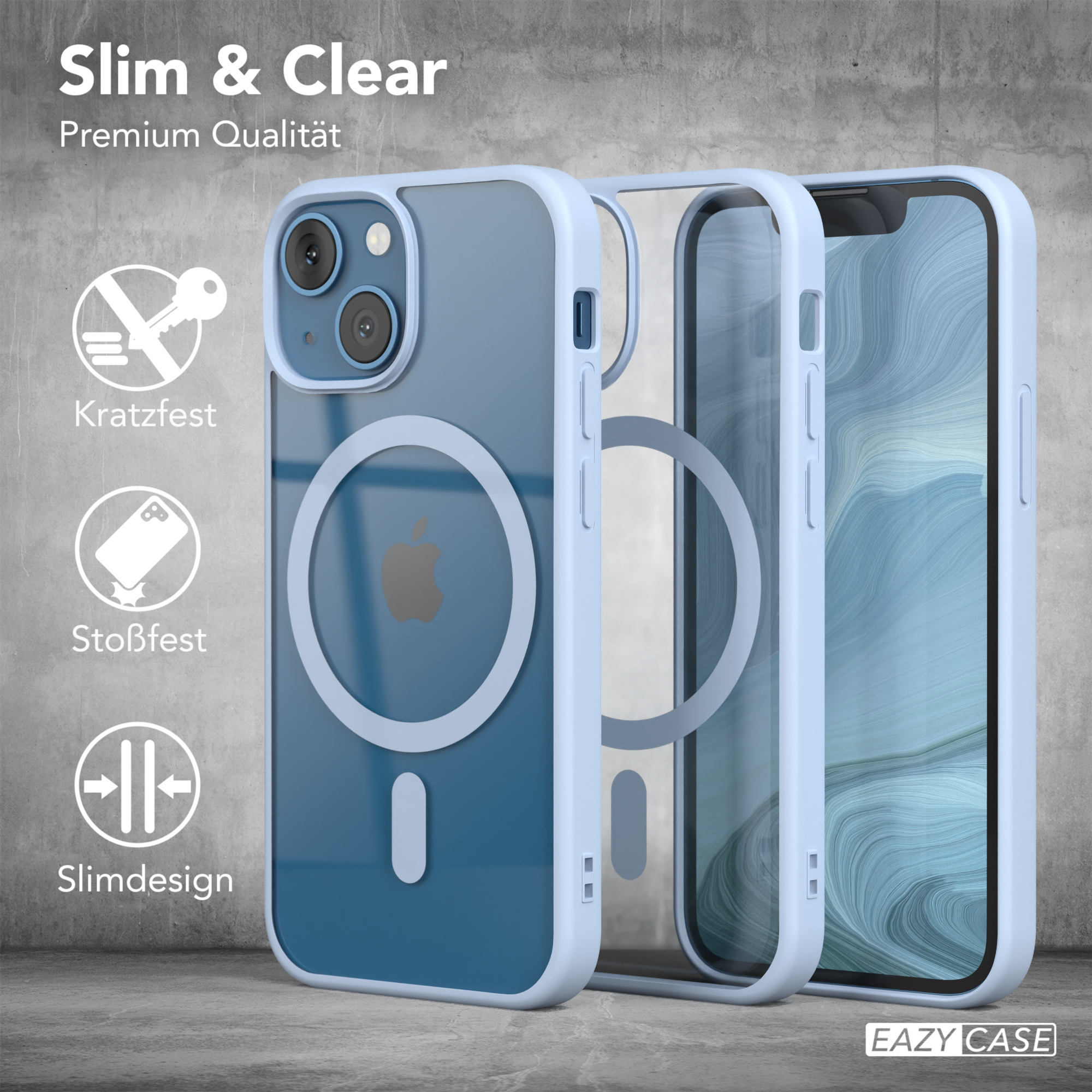 Drei Handyhüllen; eine transparente und zwei hellblaue Hüllen. Text lautet 'Slim & Clear'.