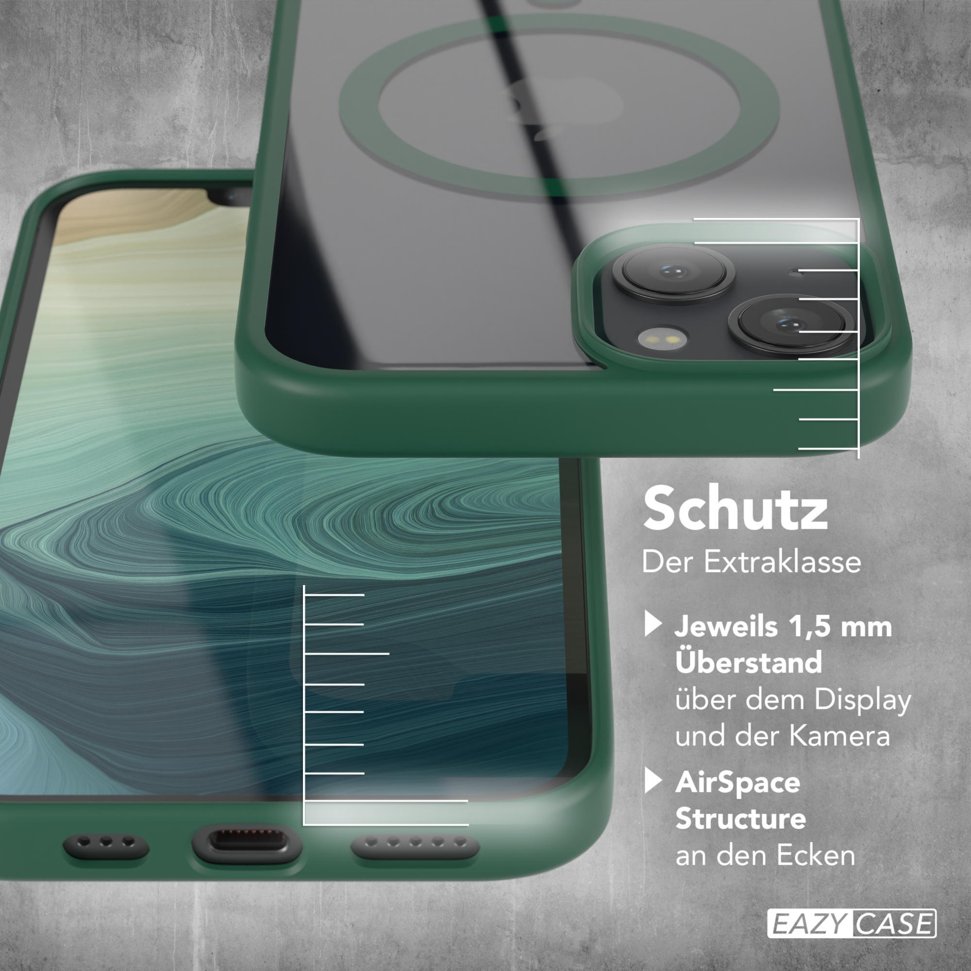 Grüne Handyhülle mit Maßangaben, die Schutzfunktionen und Design zeigen.