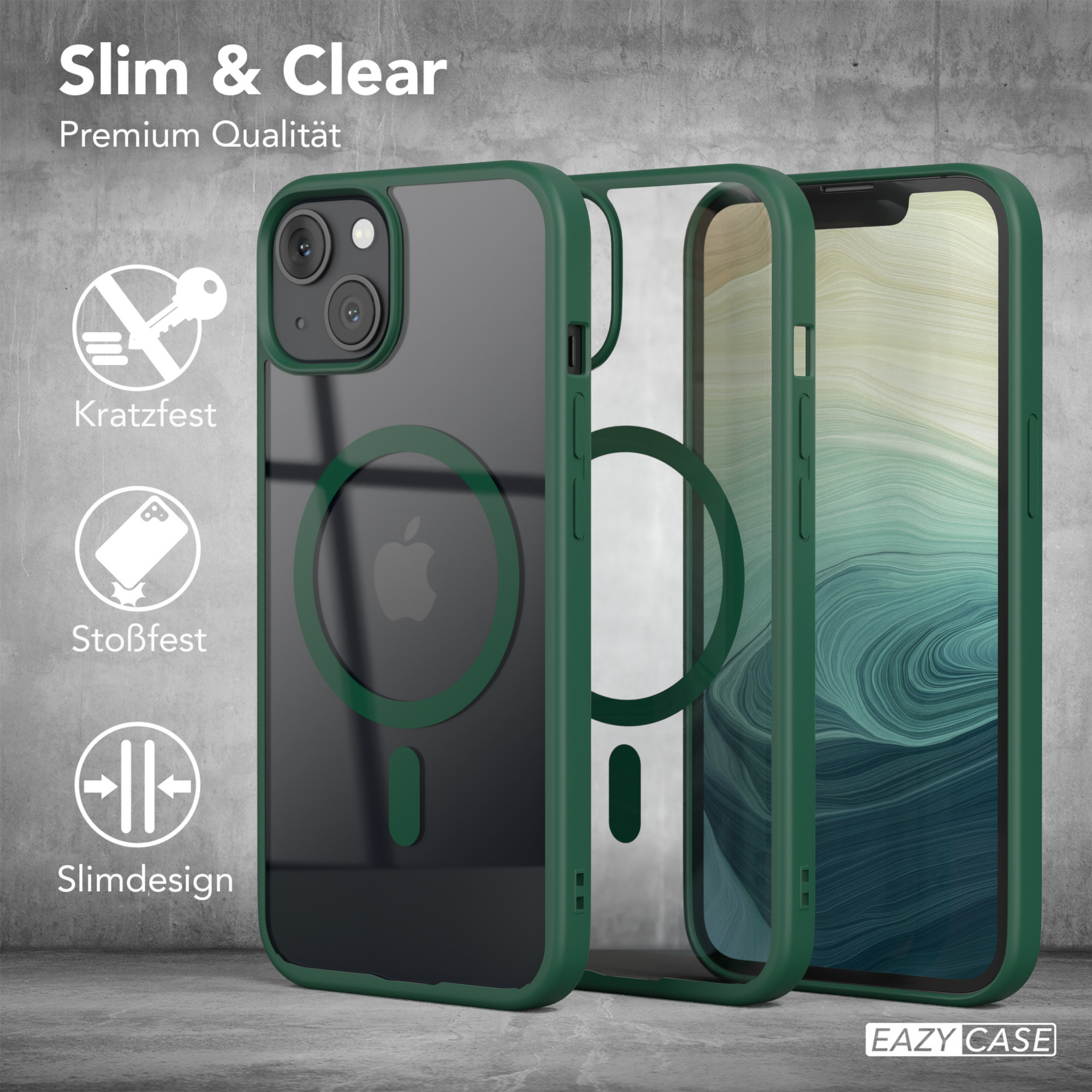 Grüne iPhone-Hülle mit transparentem Rücken und grünem Rahmen.