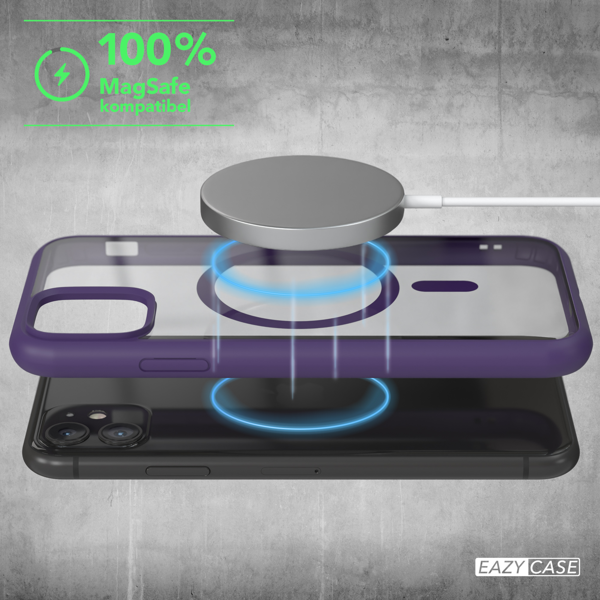 Telefon und Hülle mit MagSafe-Kompatibilität, zeigt den Ladevorgang.