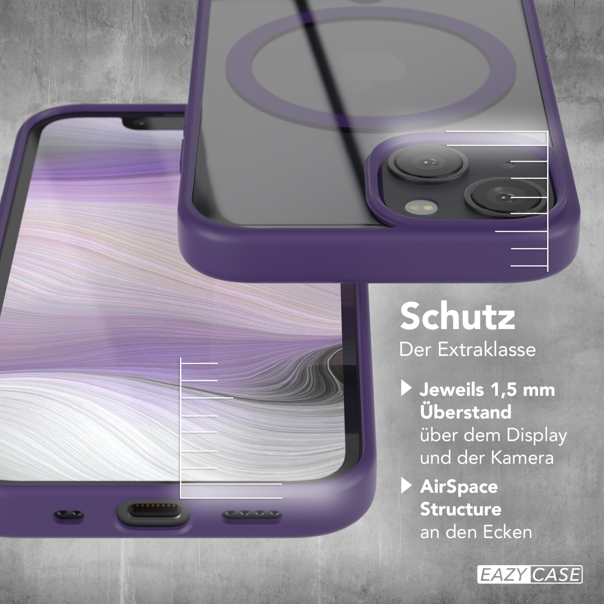 Lila Handyhülle mit Text. Die Hülle hat eine transparente Rückseite und einen lilafarbenen Rahmen. Text ist auf Deutsch.