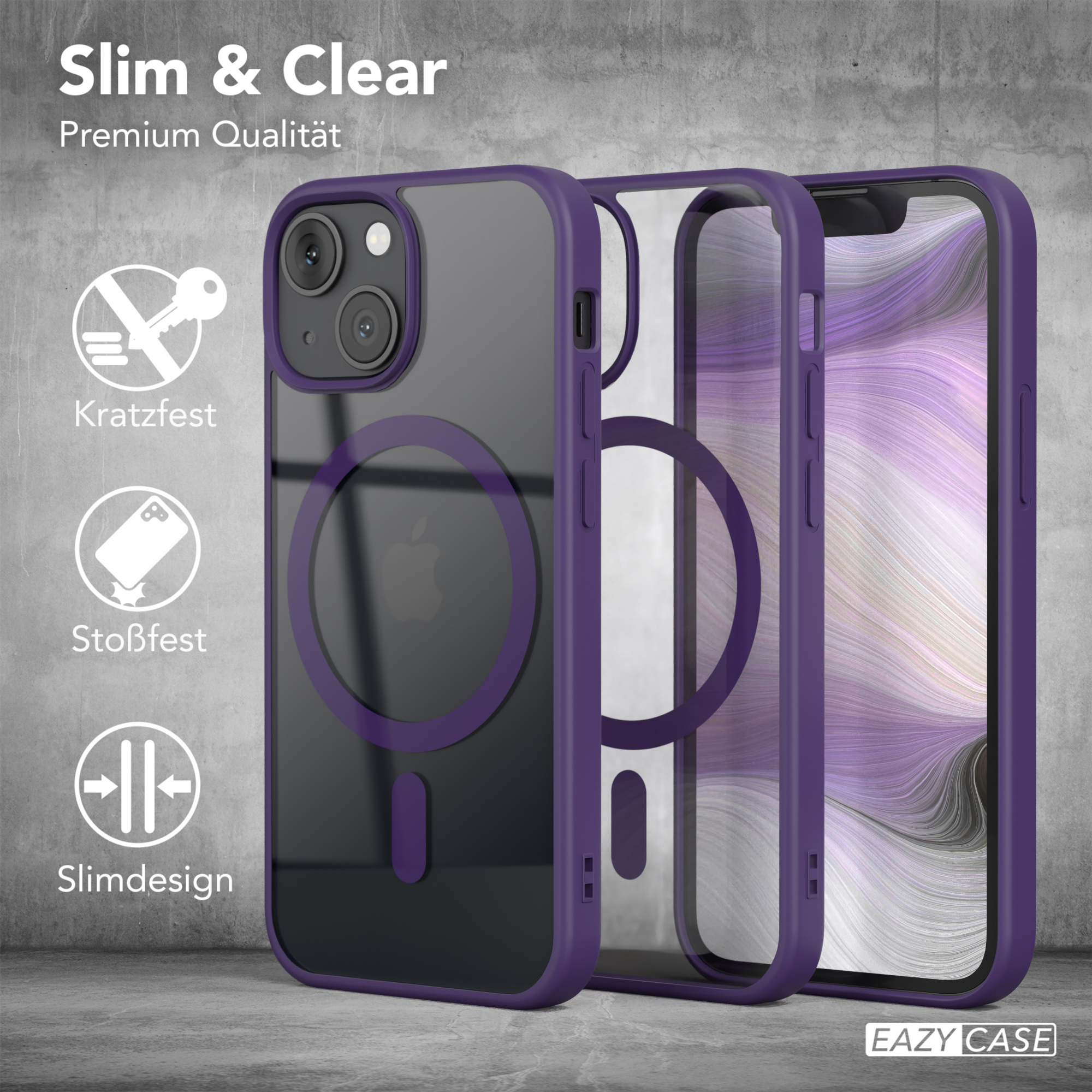 Drei Handyhüllen, eine lila, eine transparente und eine mit Telefon, die Merkmale zeigen.