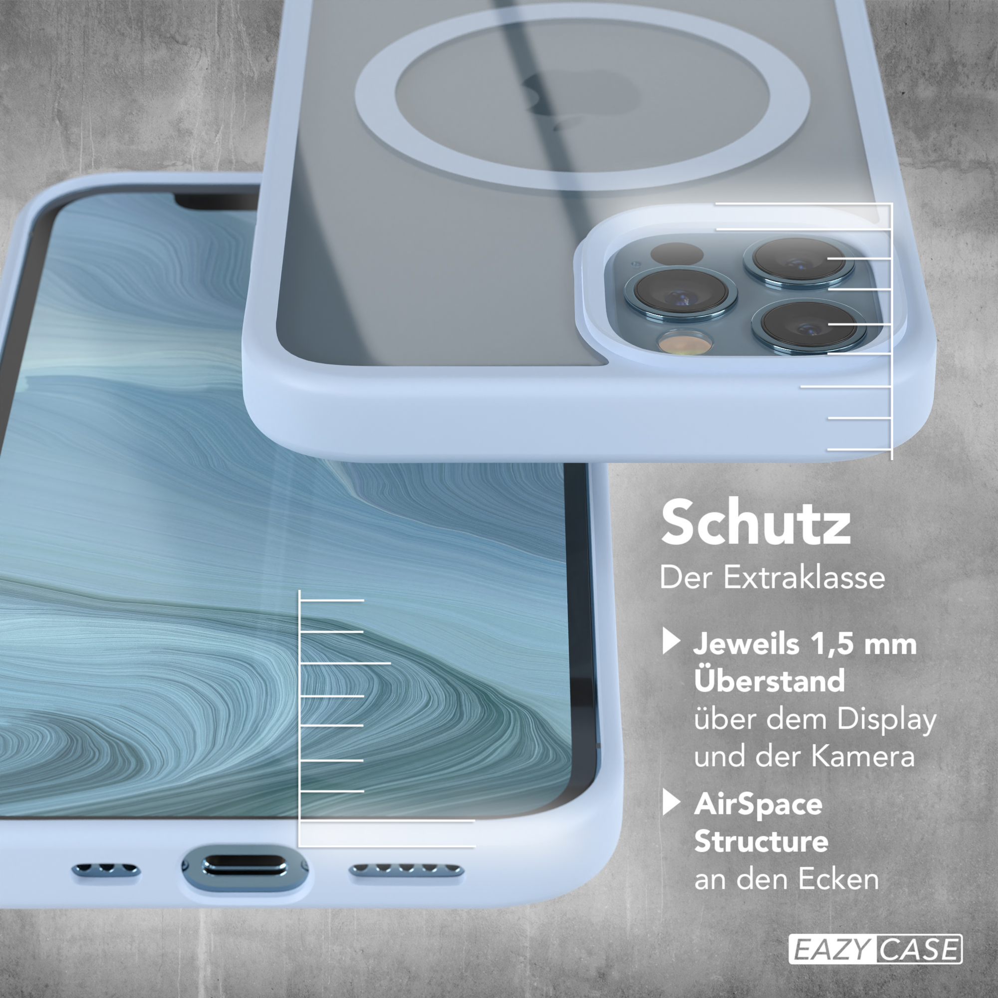 Ein Telefon mit blauer Hülle, Nahaufnahme, die Schutz- und Designmerkmale zeigt.