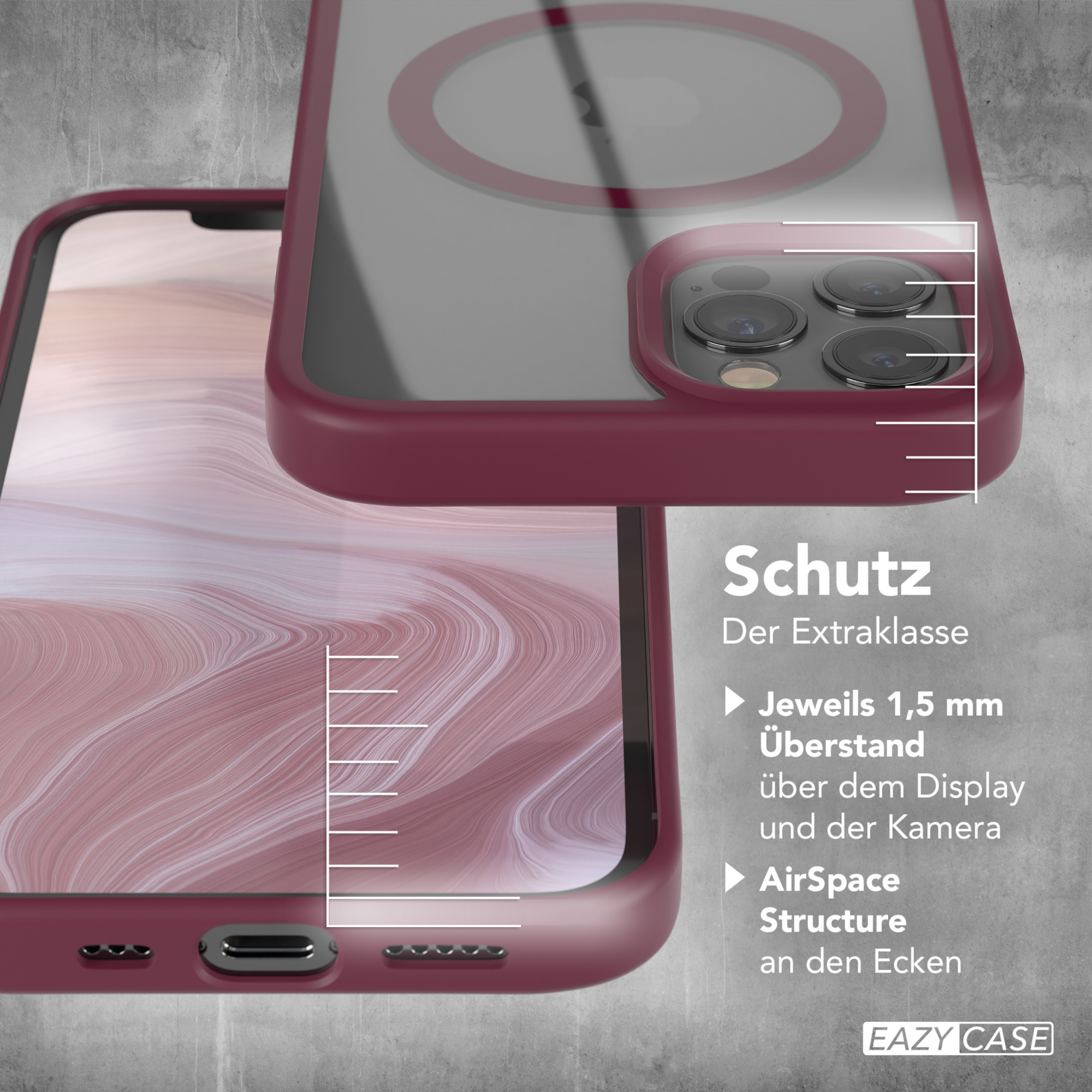 Nahaufnahme einer Handyhülle mit Telefon, die Schutzdetails und Text zeigt.