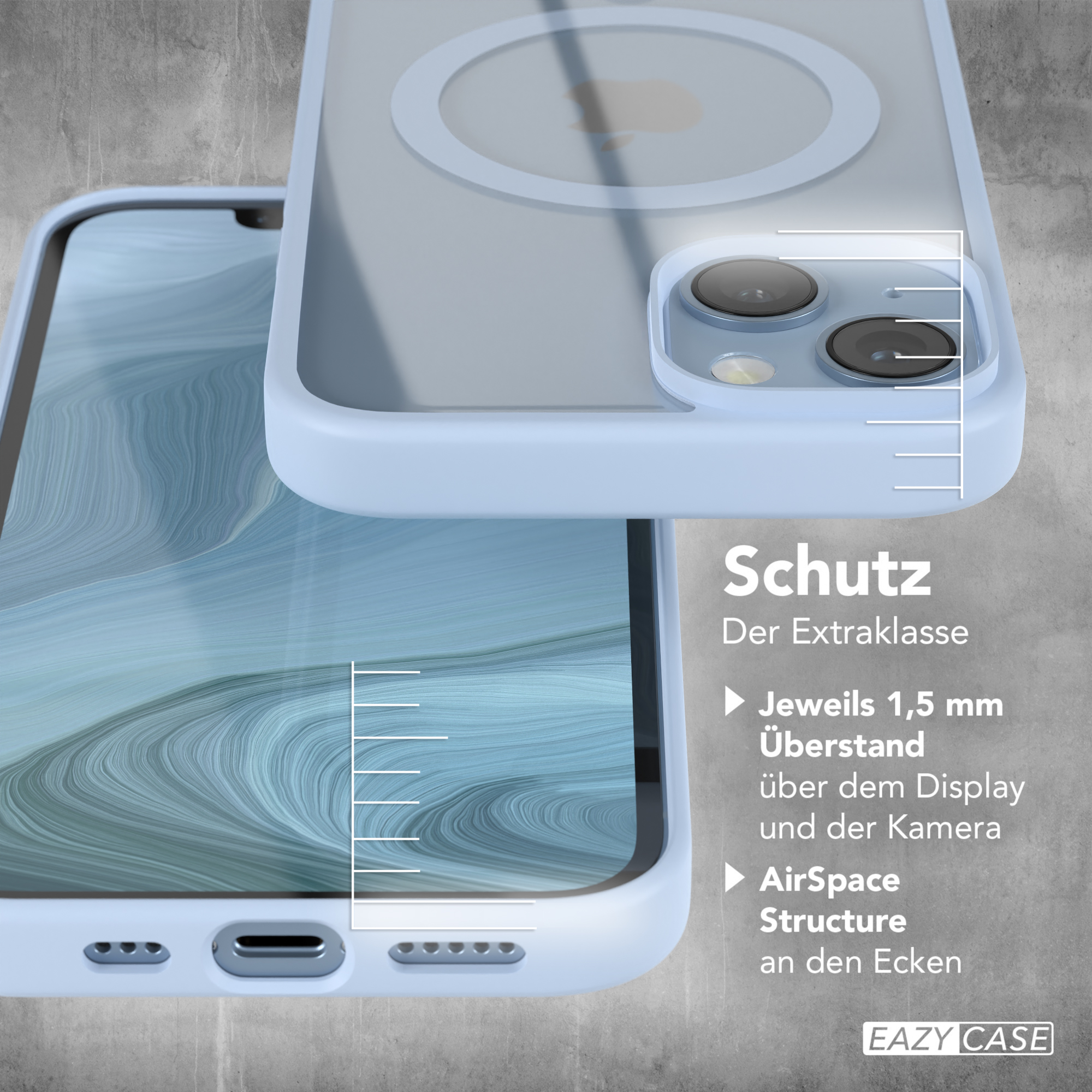 Nahaufnahme einer Handyhülle. Text besagt, dass die Hülle Extraschutz bietet, 1,5 mm über dem Bildschirm.