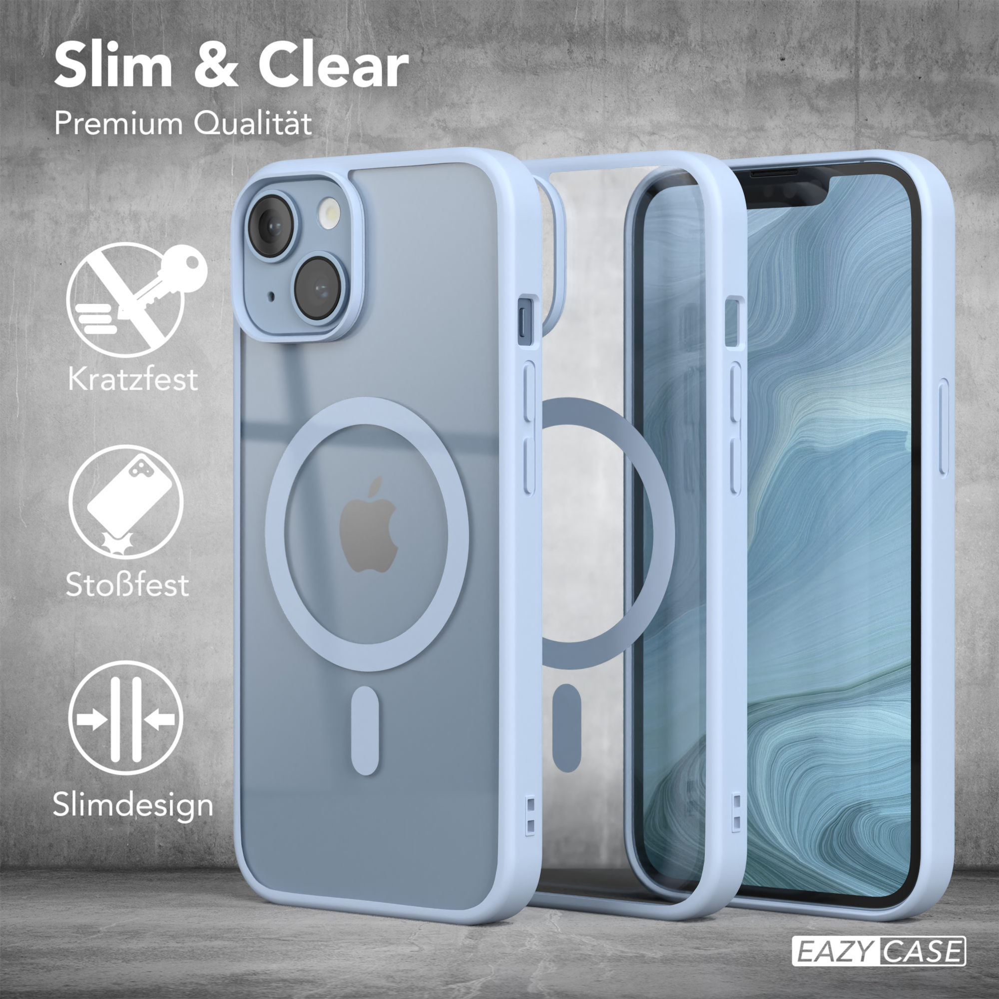 Blaue iPhone-Hülle mit transparentem Rücken und blauem Rahmen.