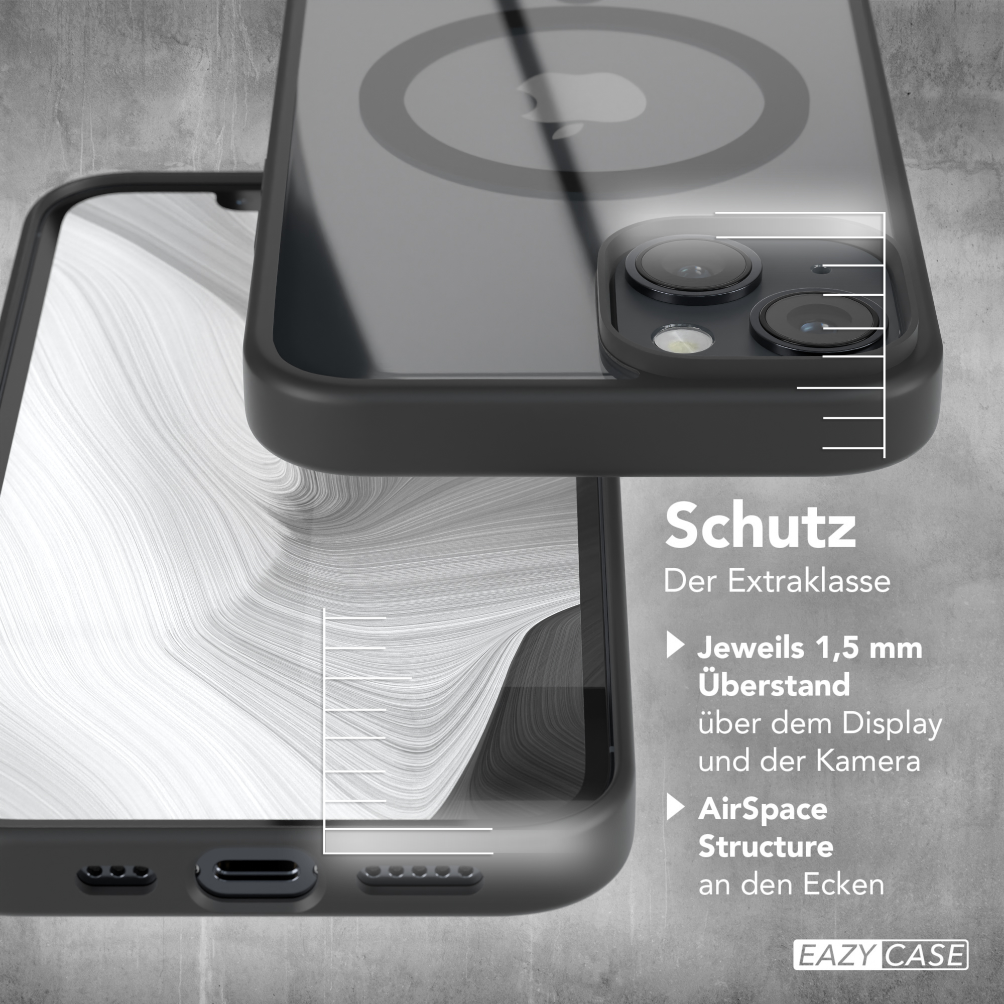 Handyhülle. Zeigt eine Handyhülle, die ein Telefon schützt, mit Text über Schutz.
