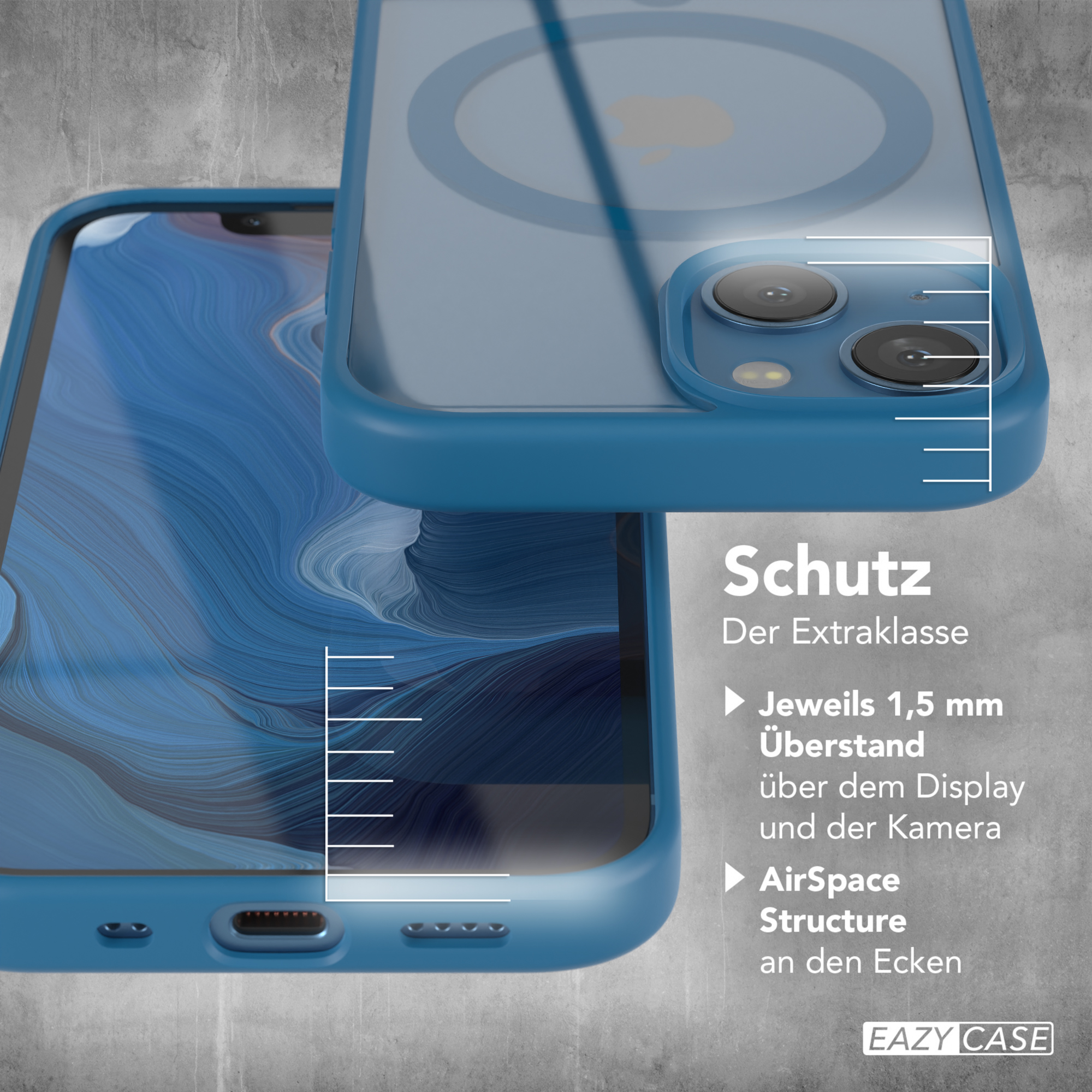 Blaue Handyhülle. Zwei Hüllen, eine über einem Telefon. Text und Linien.