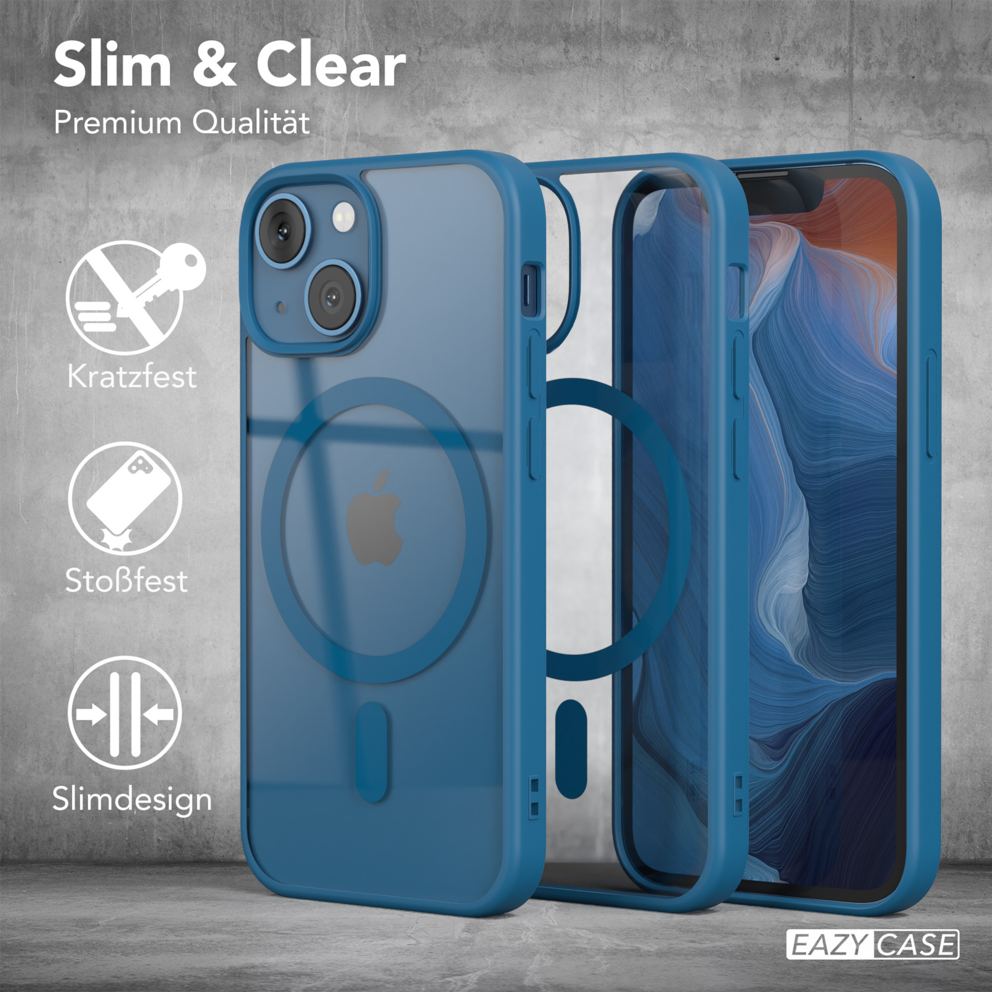 Blaue Handyhüllen mit Symbolen und Text. EAZY CASE Logo unten.