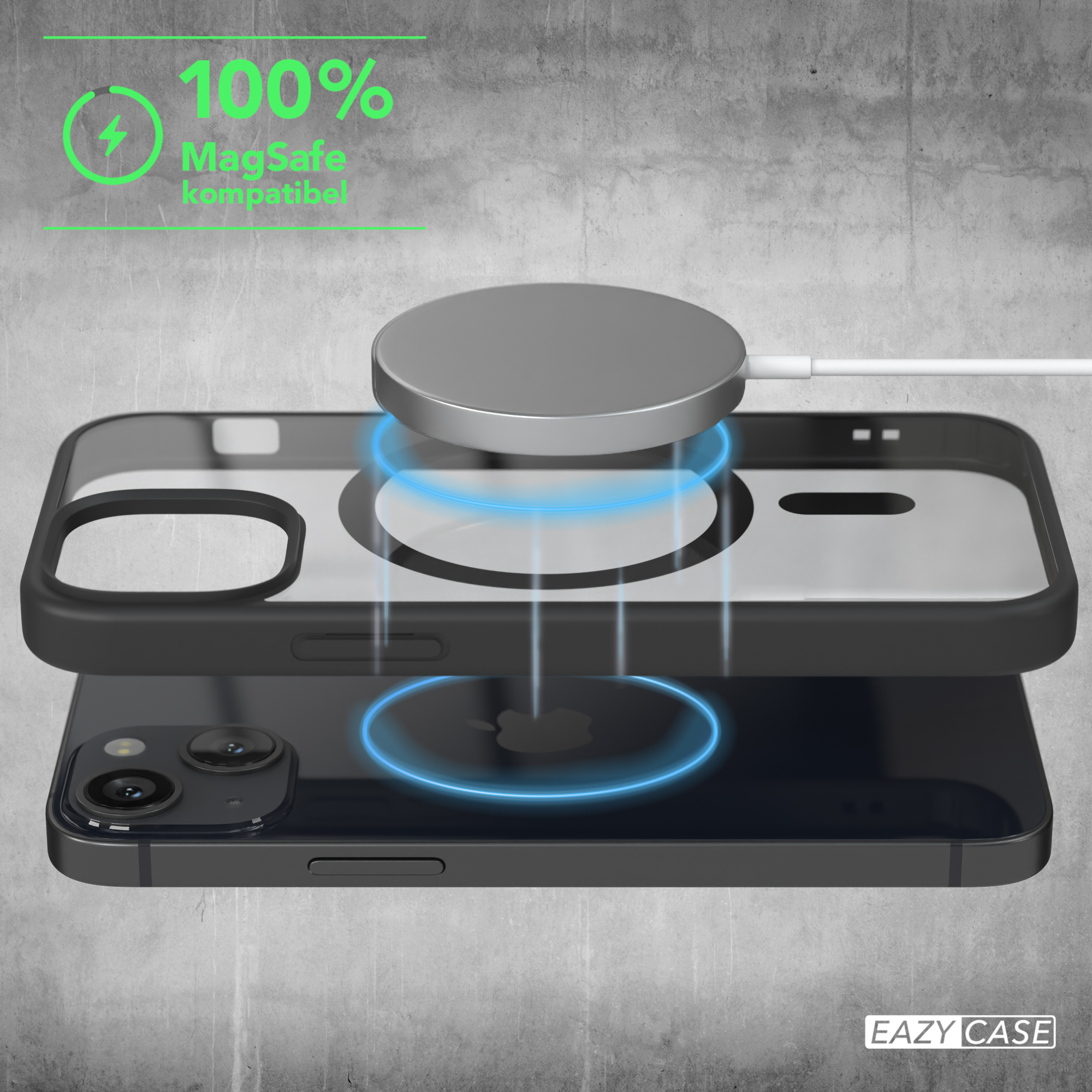 Schwarzes Telefon mit schwarzem Gehäuse und kabellosem Ladegerät. Das Telefon hat ein MagSafe-kompatibles Etikett.