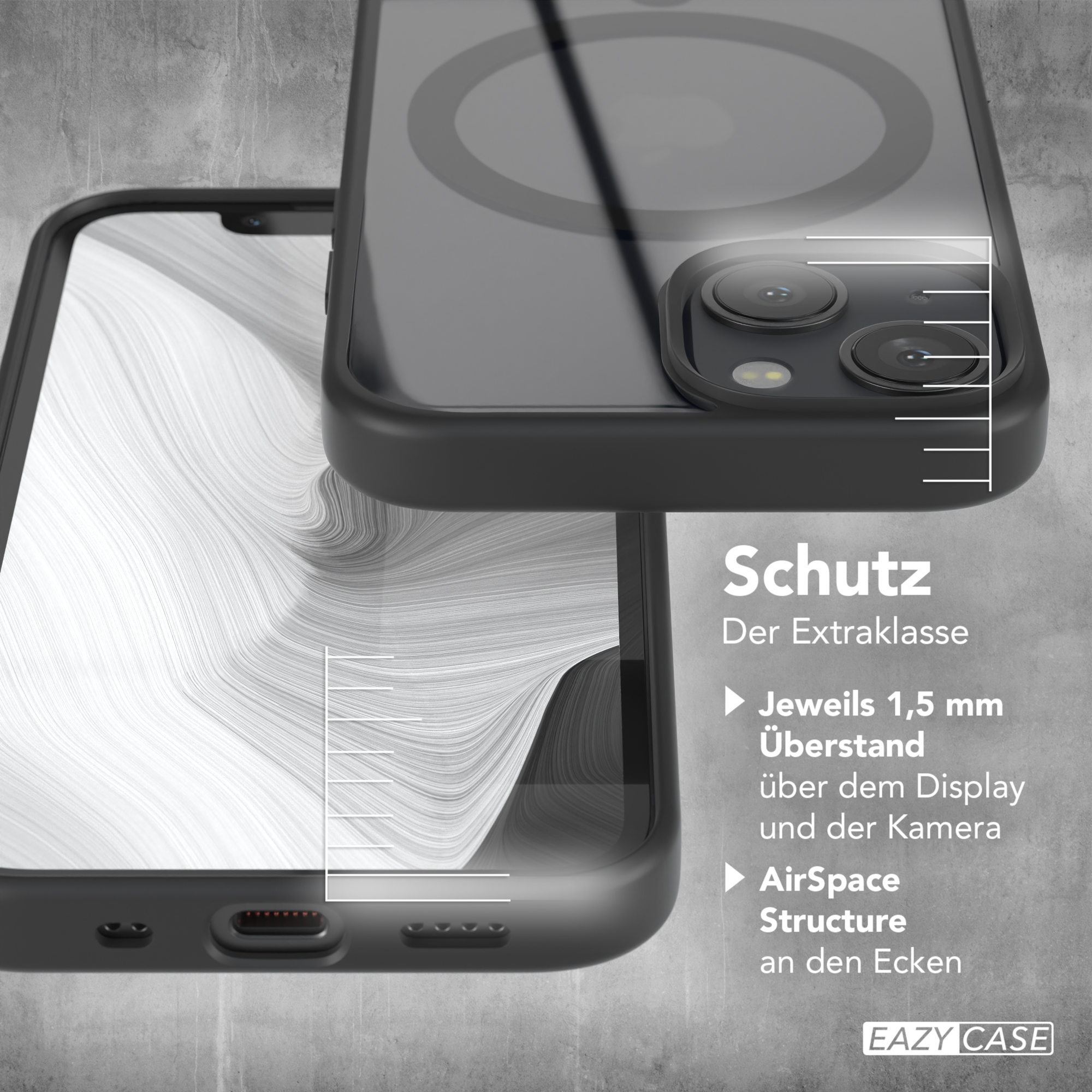 Schwarze Handyhülle mit hervorgehobenen Schutzeigenschaften.