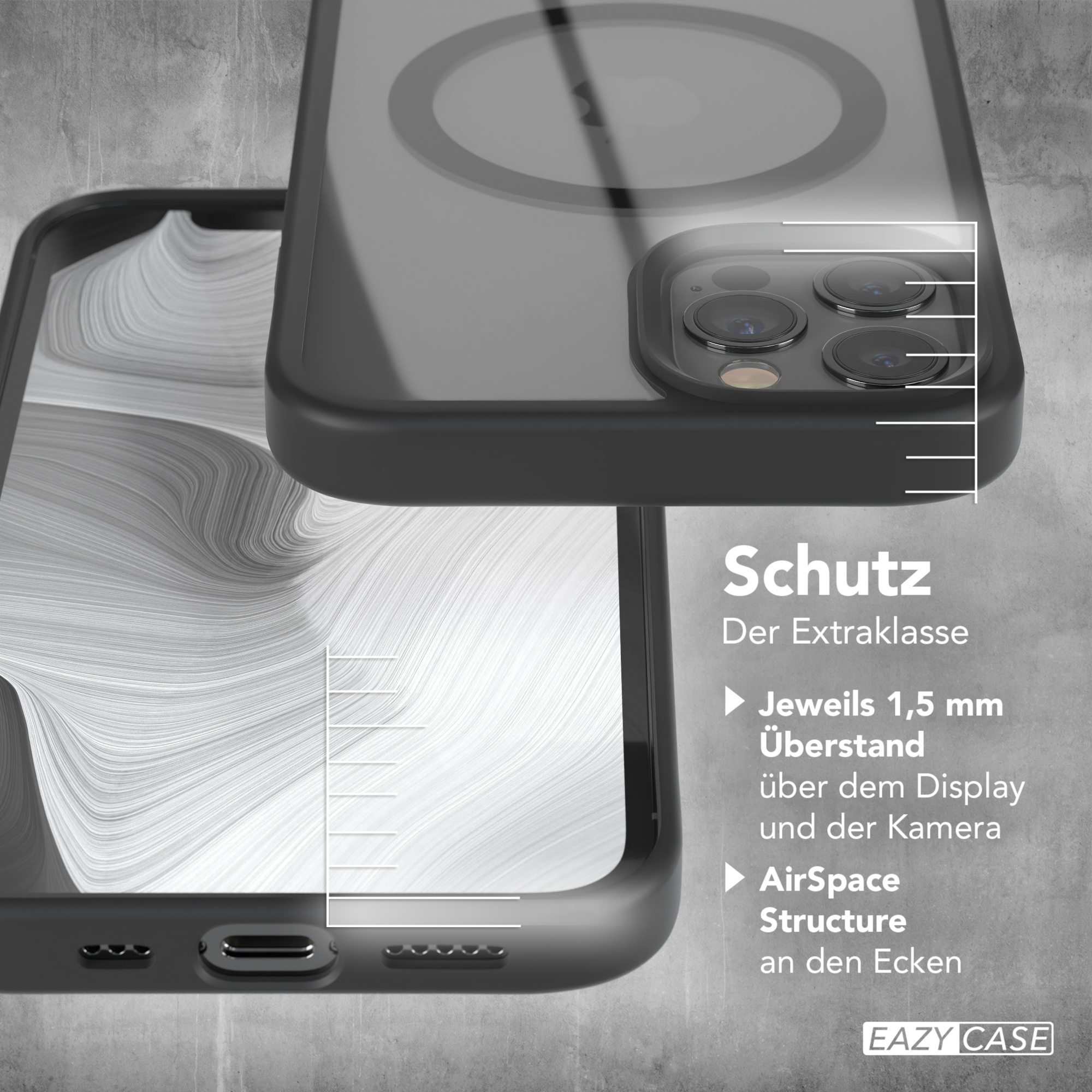 Schwarze Handyhülle mit durchsichtiger Rückseite, zeigt Text über Schutzfunktionen.