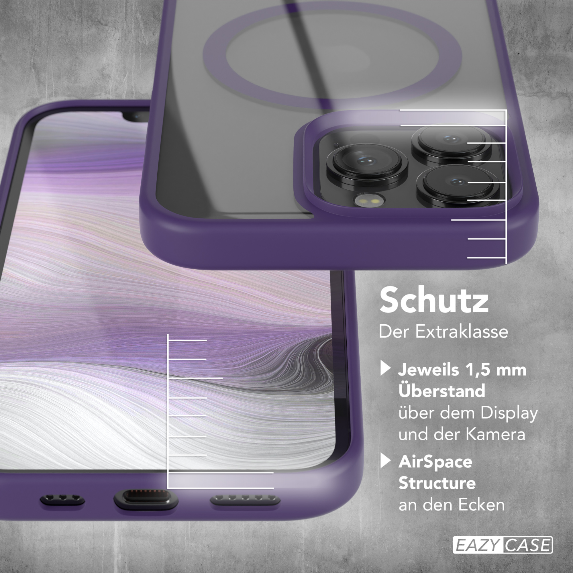 Eine lila Handyhülle mit einer Illustration und Text über Schutz.