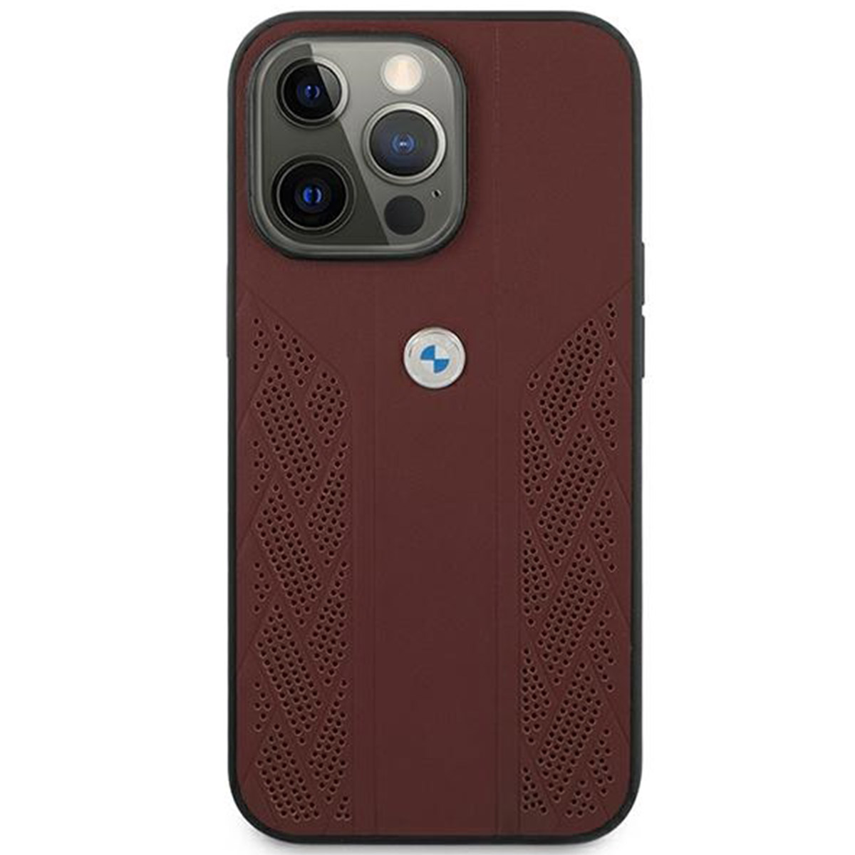 Eine bordeauxfarbene Leder-Handyhülle mit BMW-Logo. Es hat ein strukturiertes Design und bedeckt die Rückseite des Telefons.