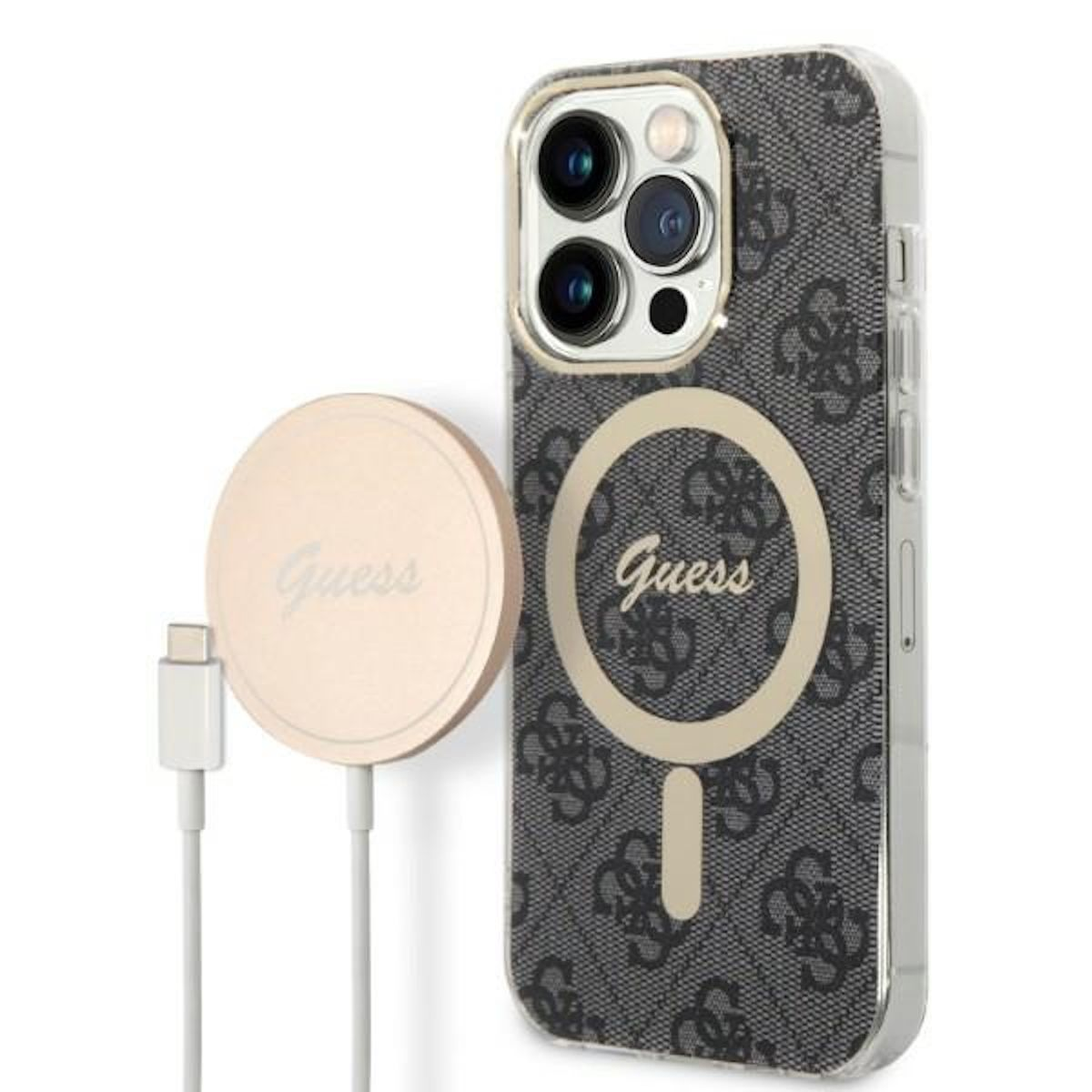 Telefono con custodia Guess e caricatore wireless Guess. La custodia ha un motivo con logo Guess.